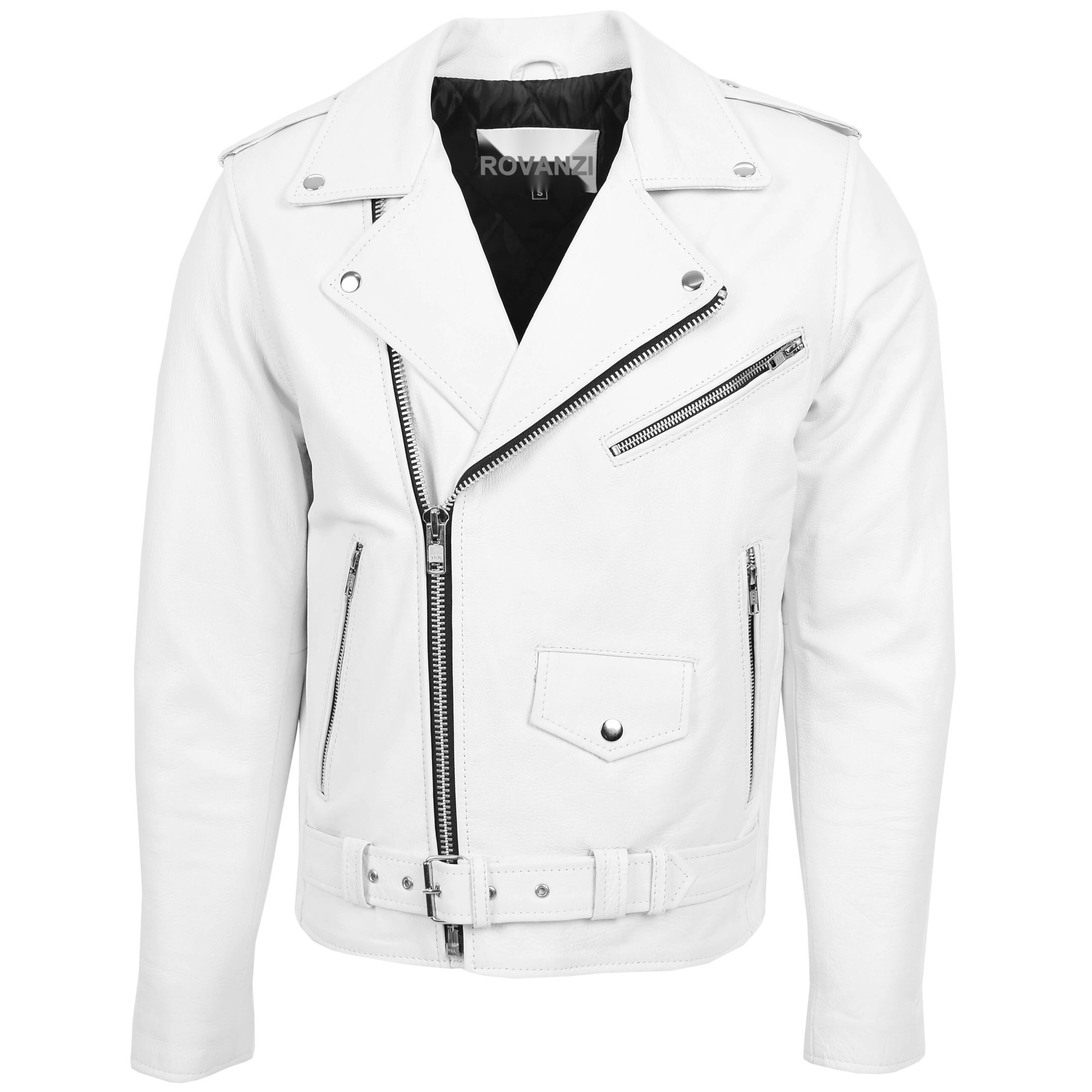 BUNERI Men's White Heavy-Duty Leather Brando Biker Jacket