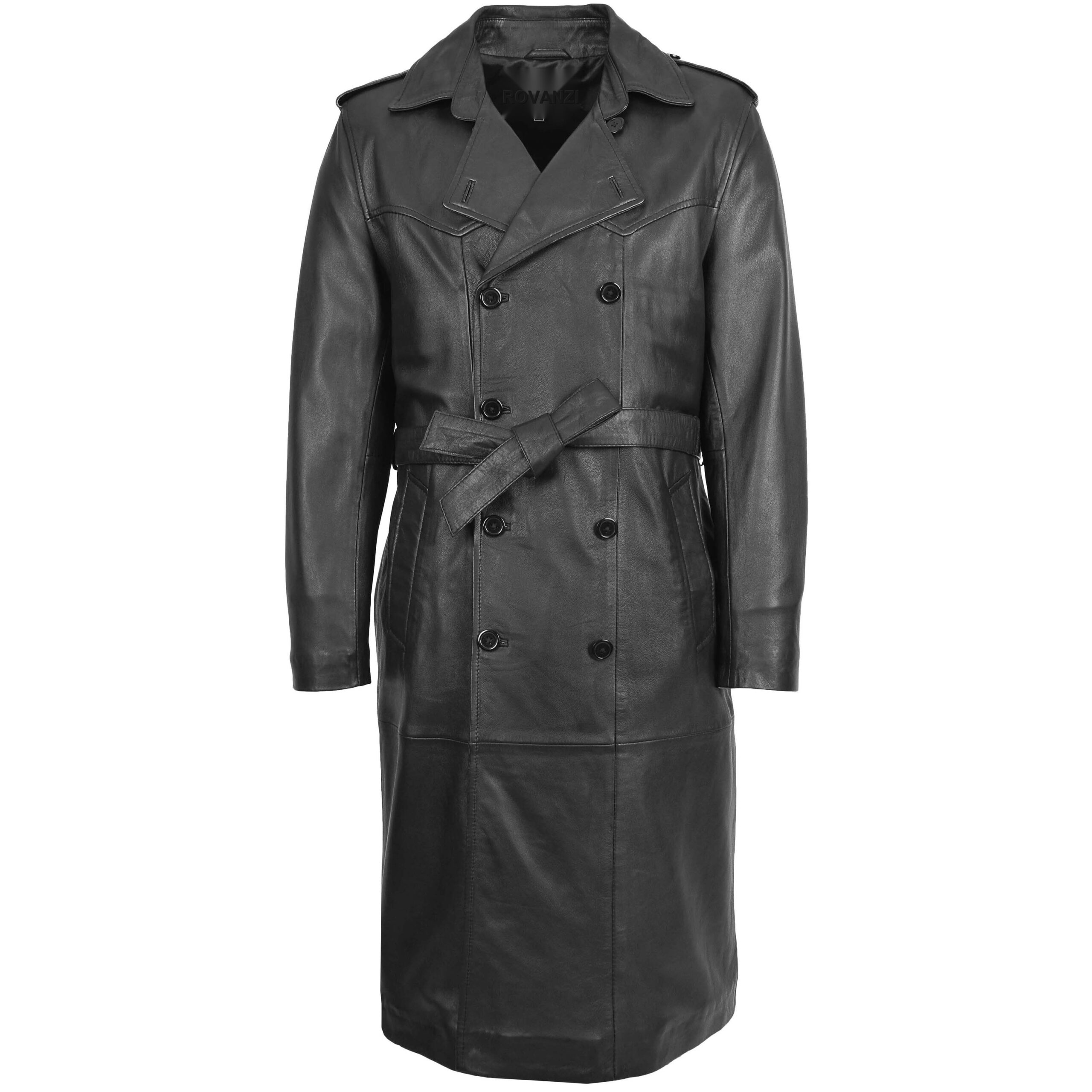 BUNERI Men's 3/4-Length Double-Breasted Leather Coat Black