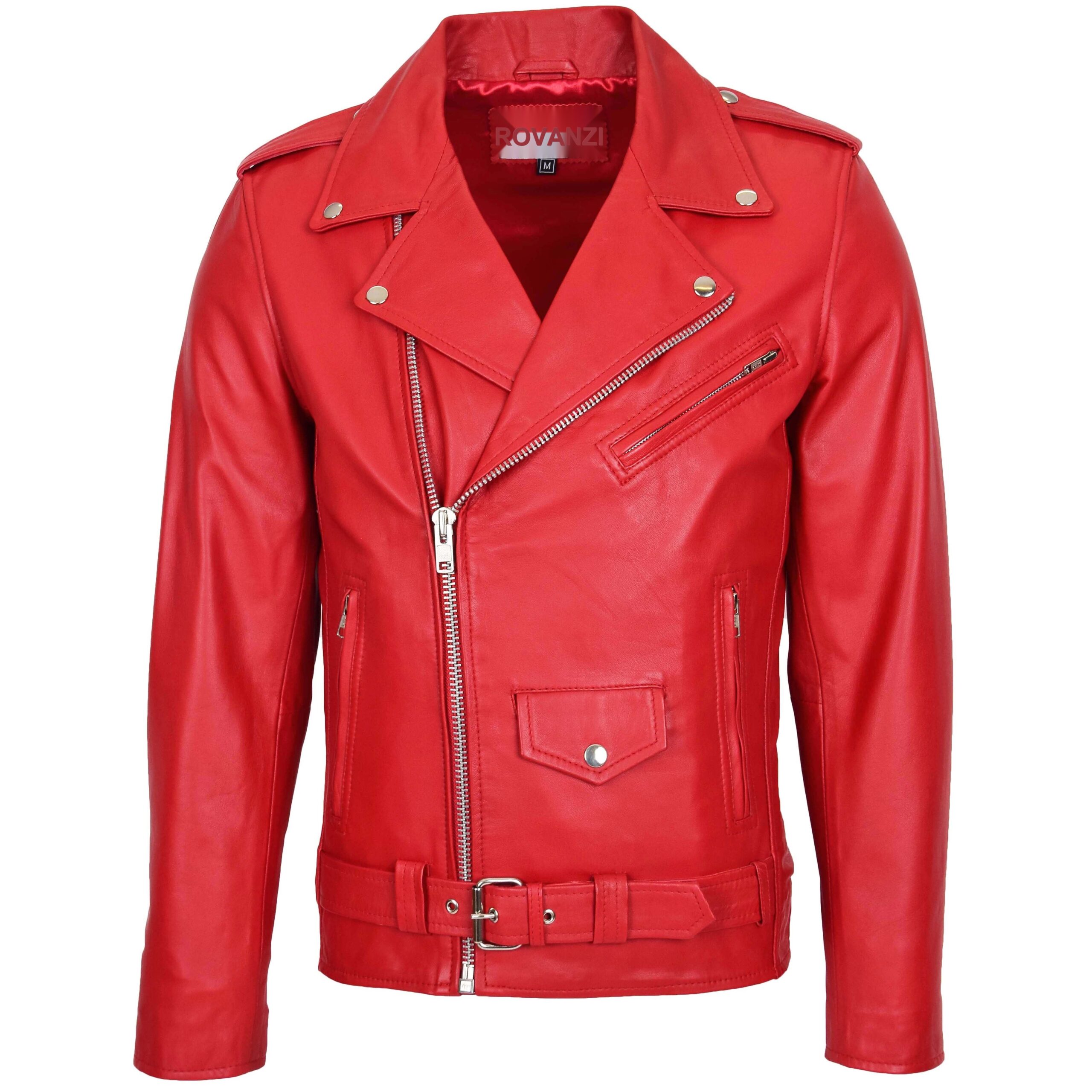 BUNERI Men's Leather Biker Jacket Brando Style Red