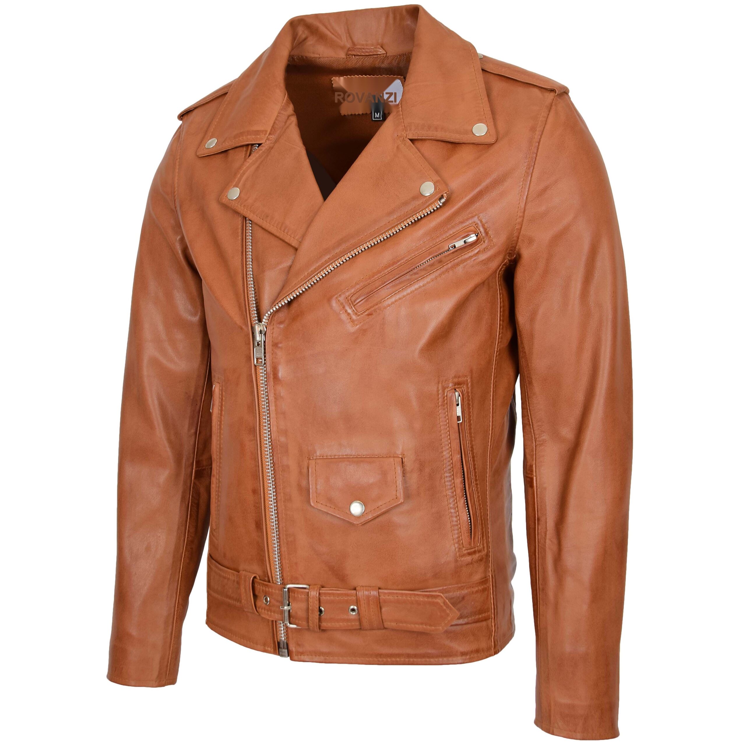 BUNERI Tan Leather Brando Style Biker Jacket – 4