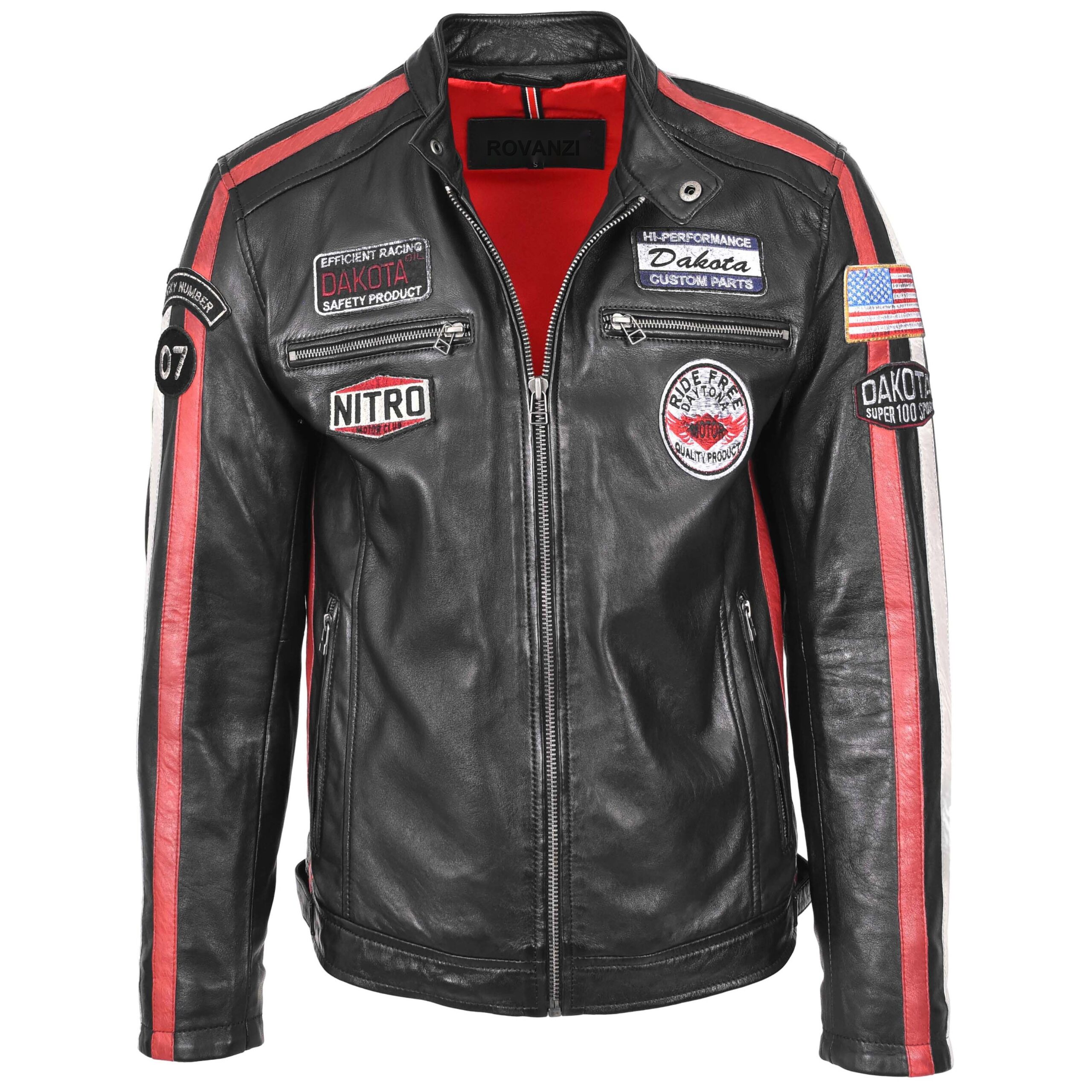 BUNERI Black Leather Biker Jacket Motorsport Logos Men