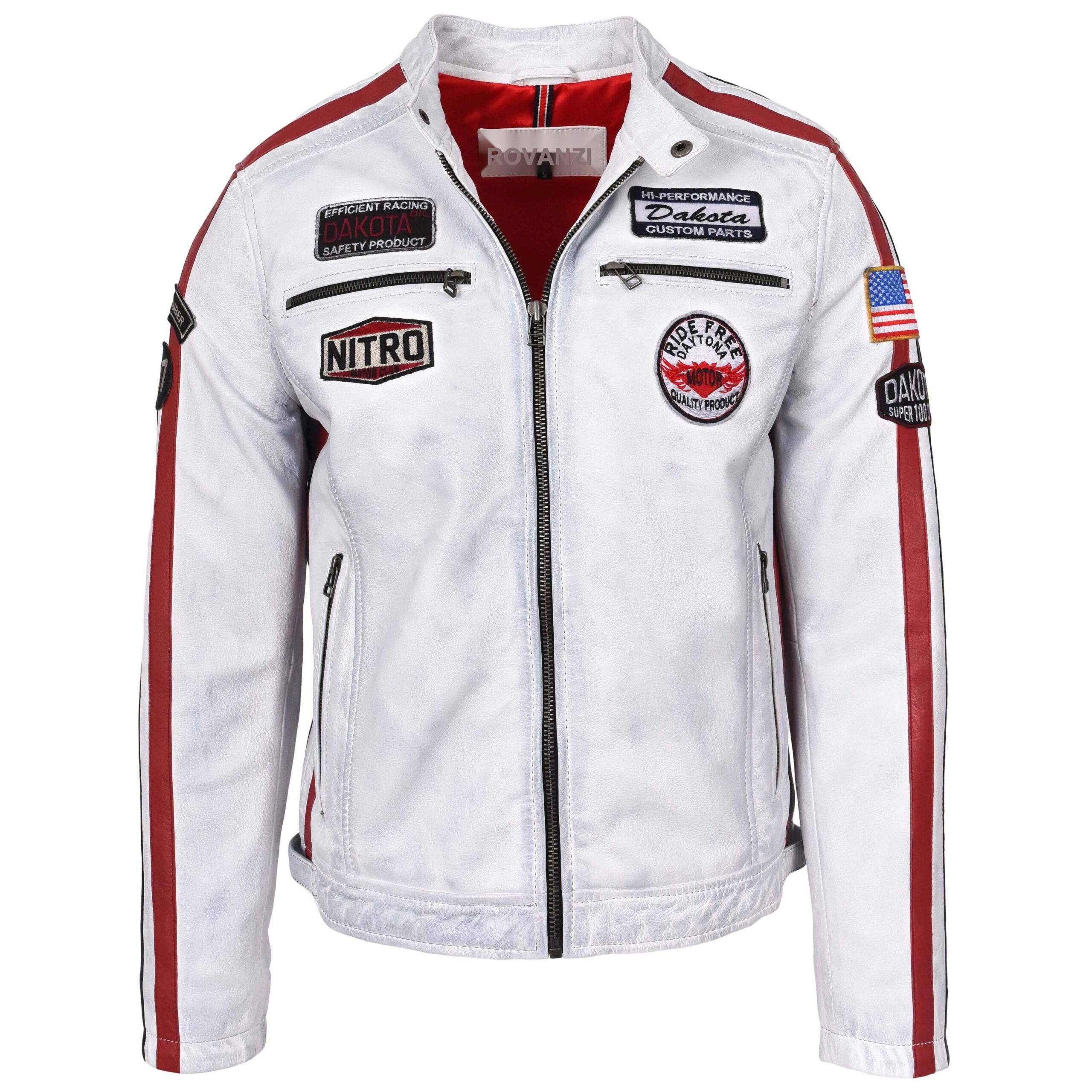 BUNERI Men's Leather Biker Jacket Motorsport Logos Vintage White