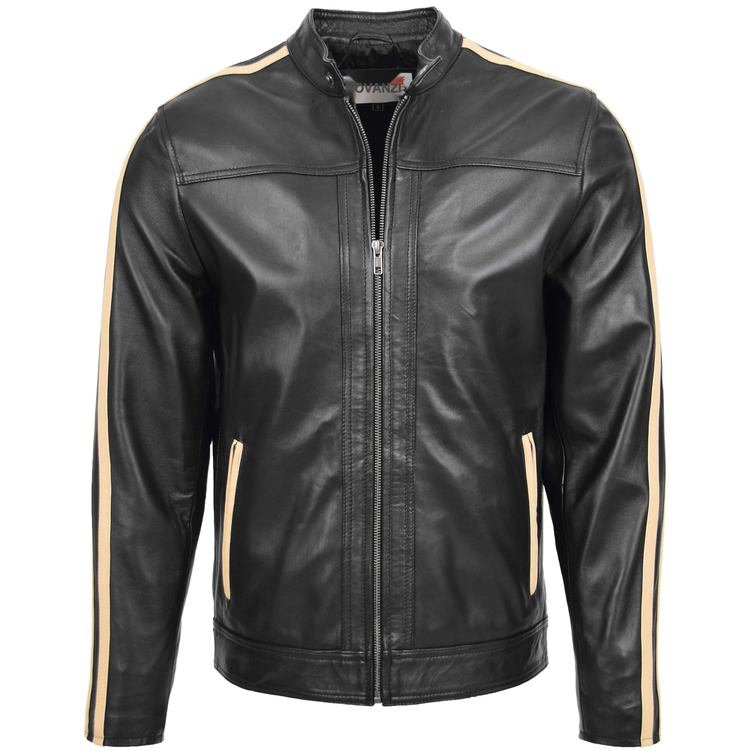 BUNERI Men's Black Leather Biker Jacket with Racing Stripes