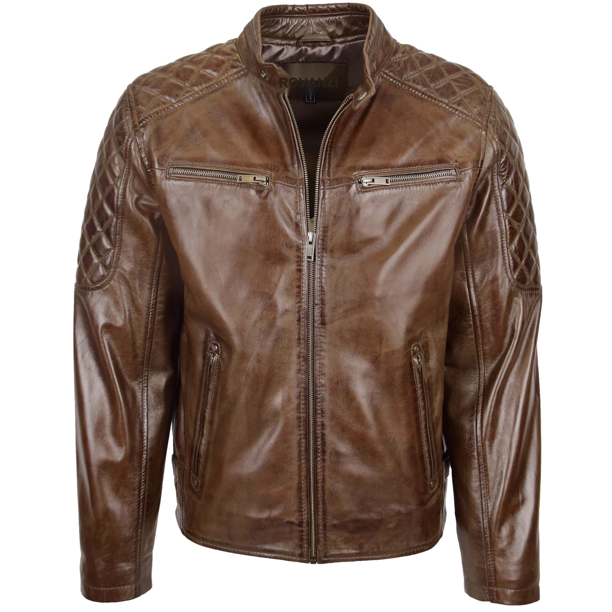 BUNERI Men's Timber Brown Leather Biker Jacket with Quilt Detail