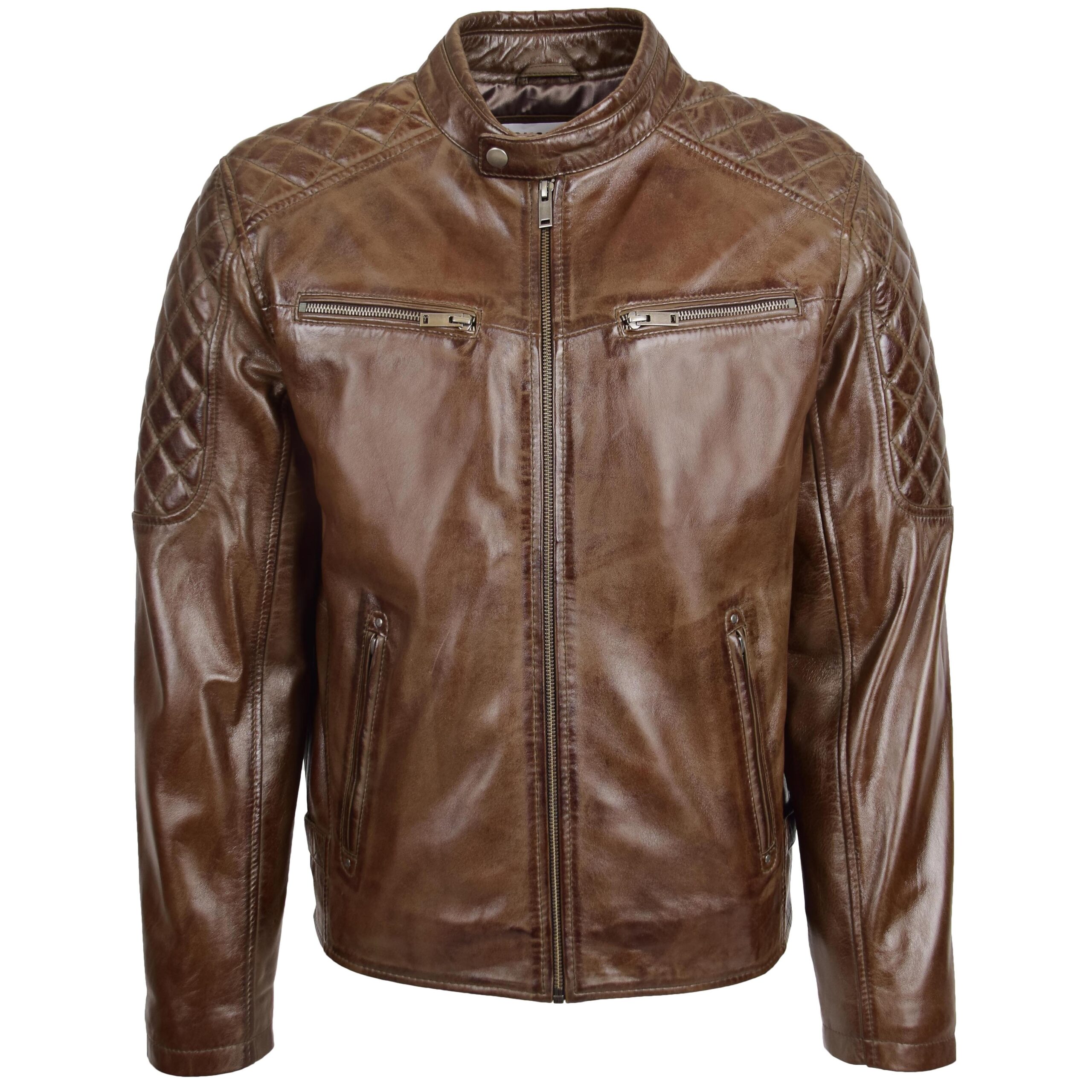 BUNERI Men's Timber Brown Leather Biker Jacket with Quilt Detail – 3