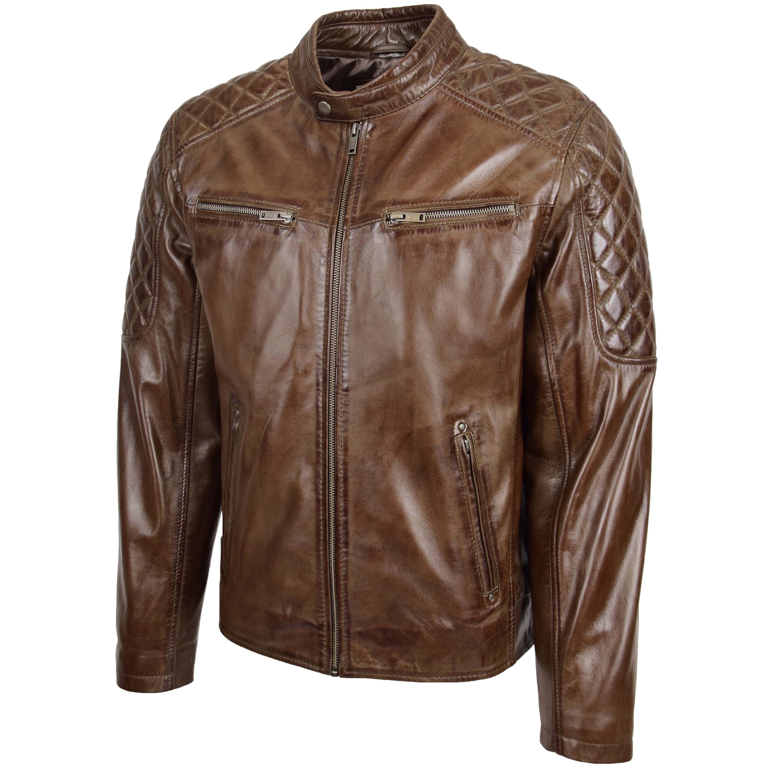 BUNERI Men's Timber Brown Leather Biker Jacket with Quilt Detail – 4