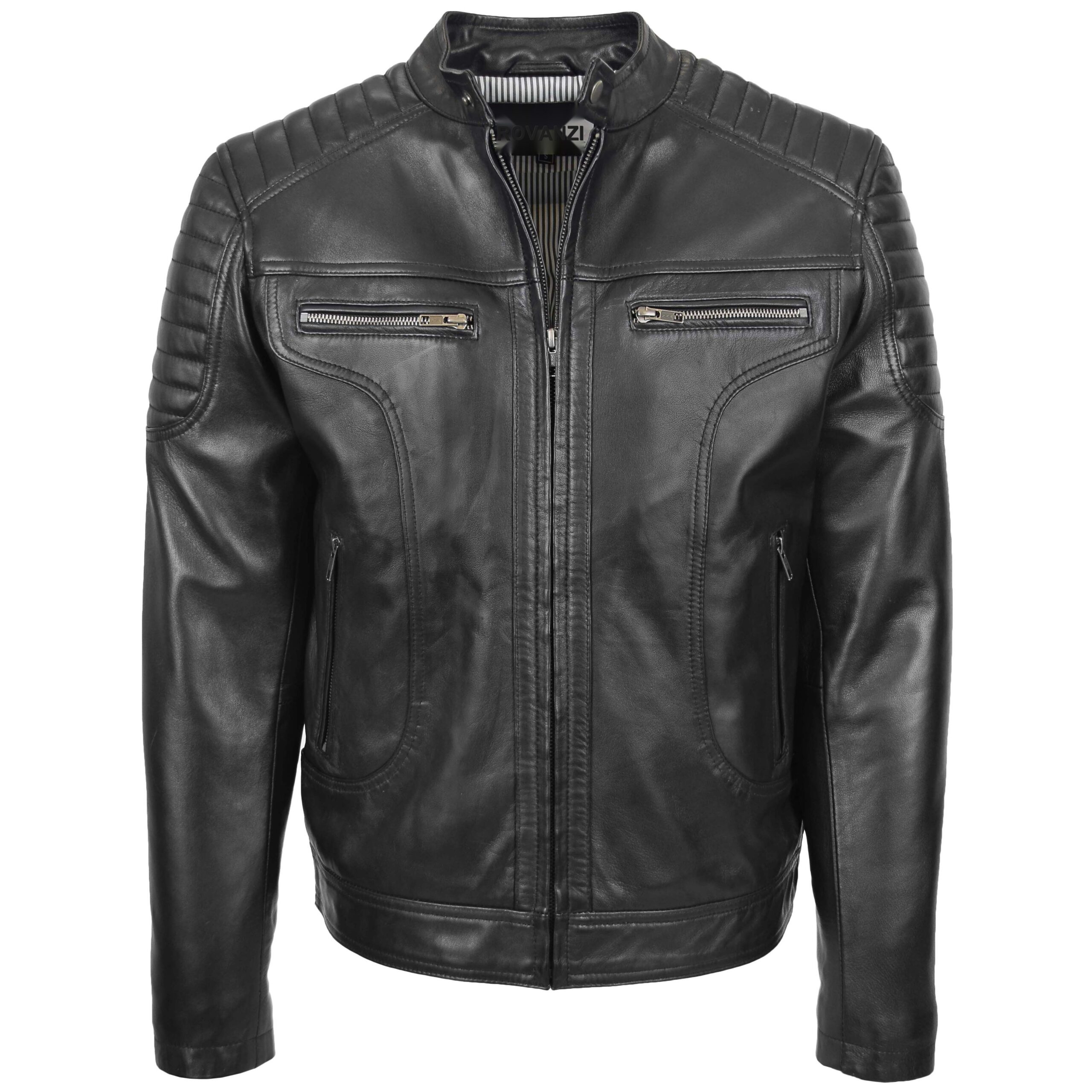 BUNERI Men's Leather Biker Style Zip Jacket Black
