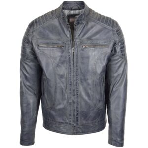 BUNERI Men’s Leather Biker Style Zip Jacket Gray Two-Tone