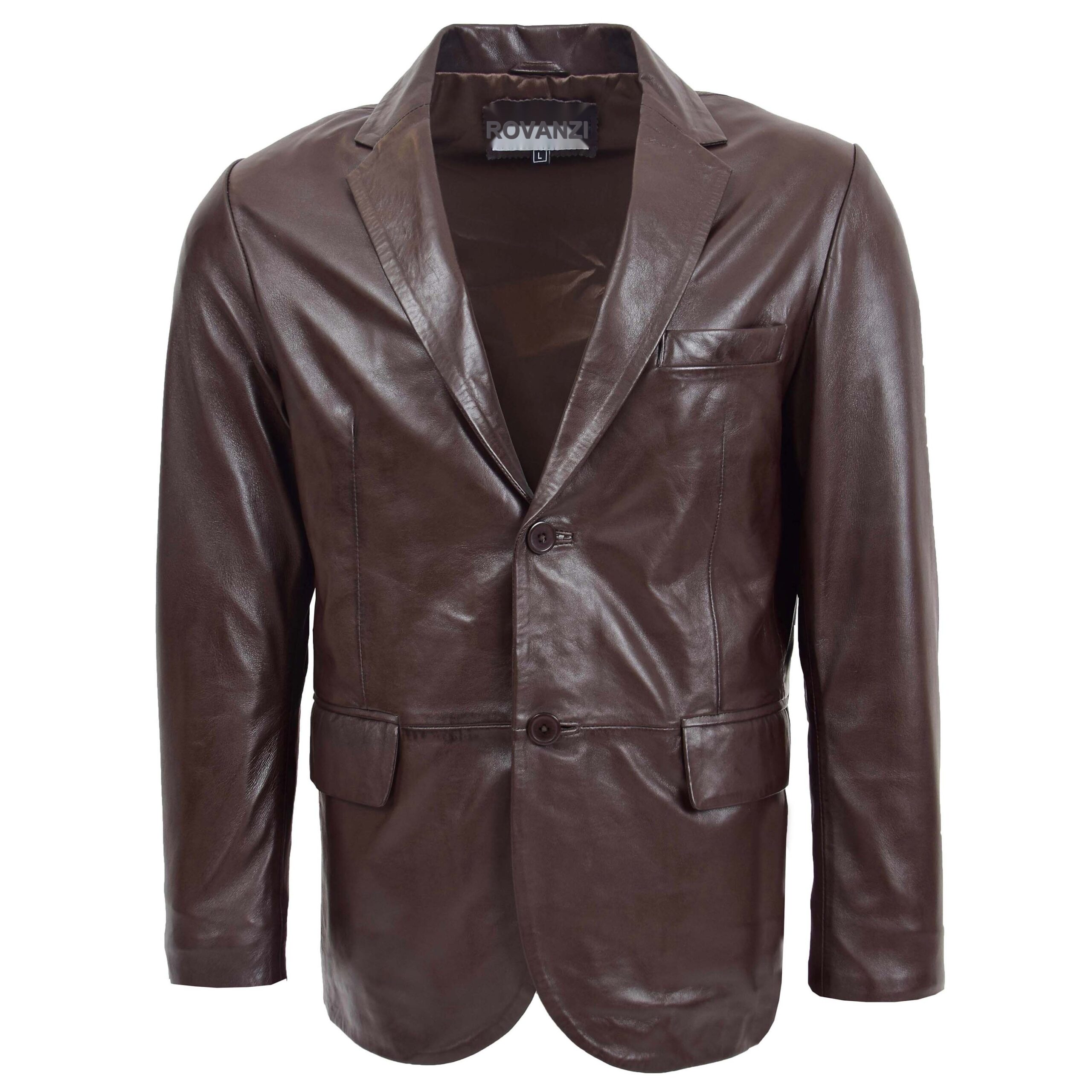 BUNERI Men's Brown Leather Blazer Two-Button