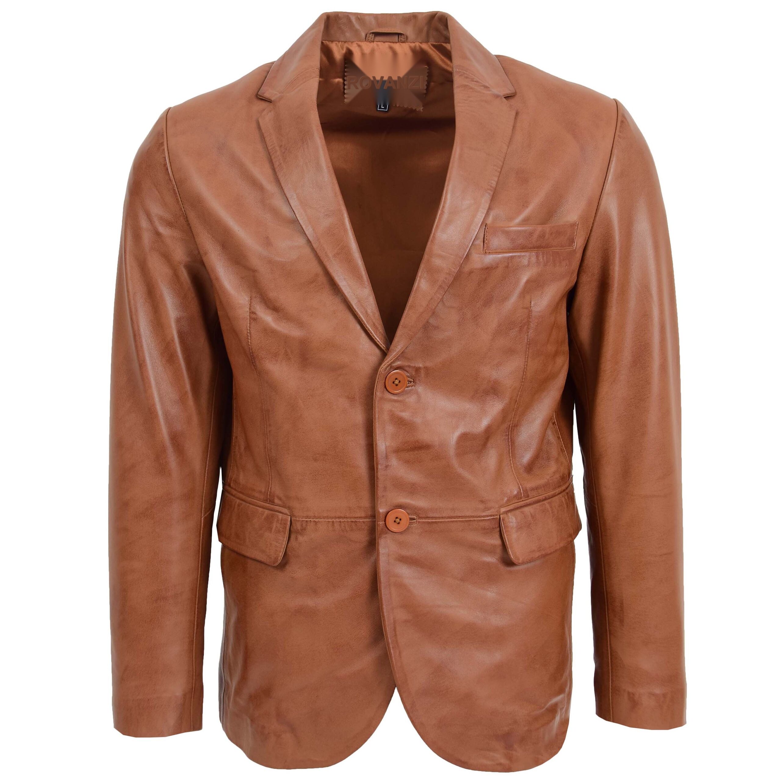 BUNERI Men's Tan Leather Blazer Two-Button