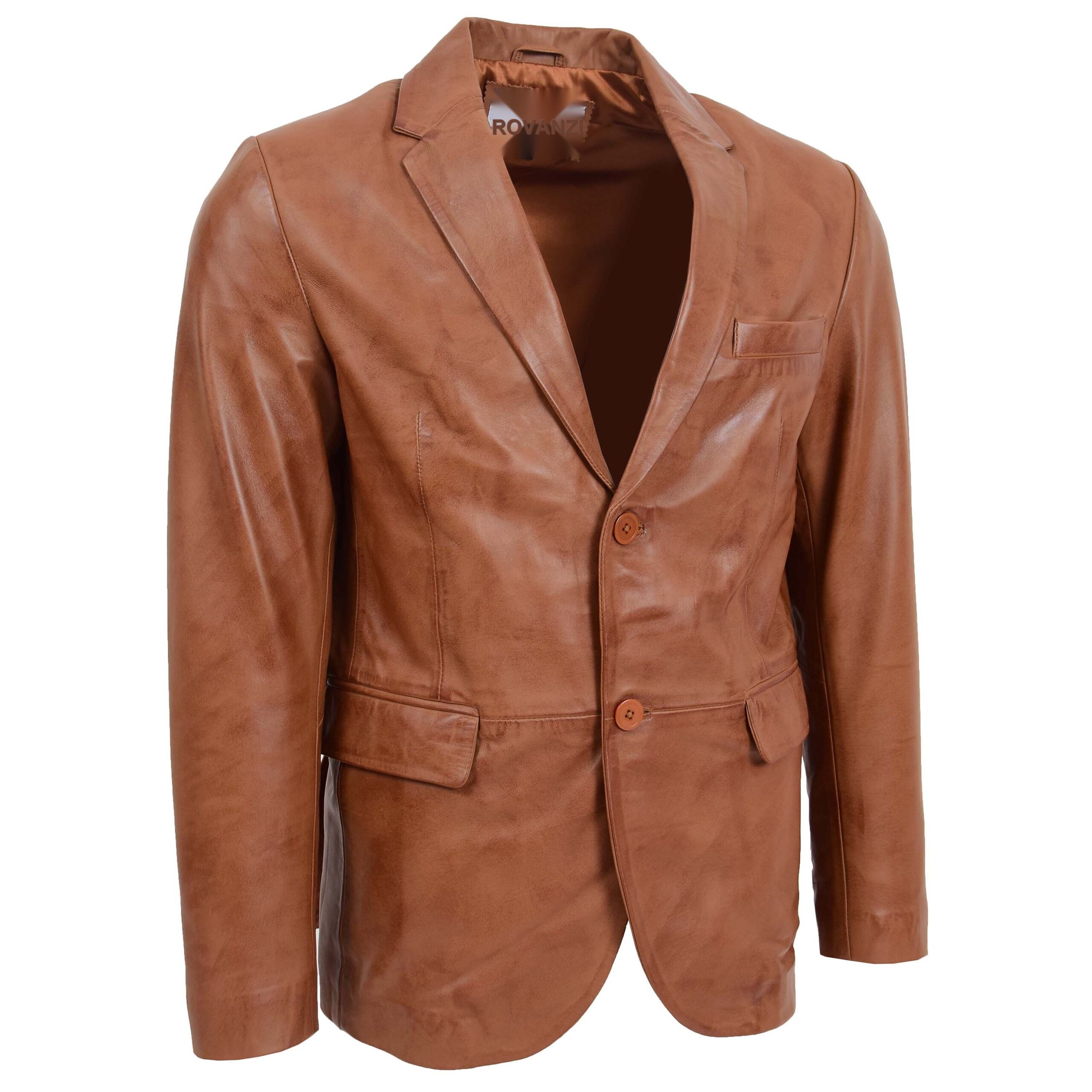 BUNERI Men's Tan Leather Blazer Two-Button – 3