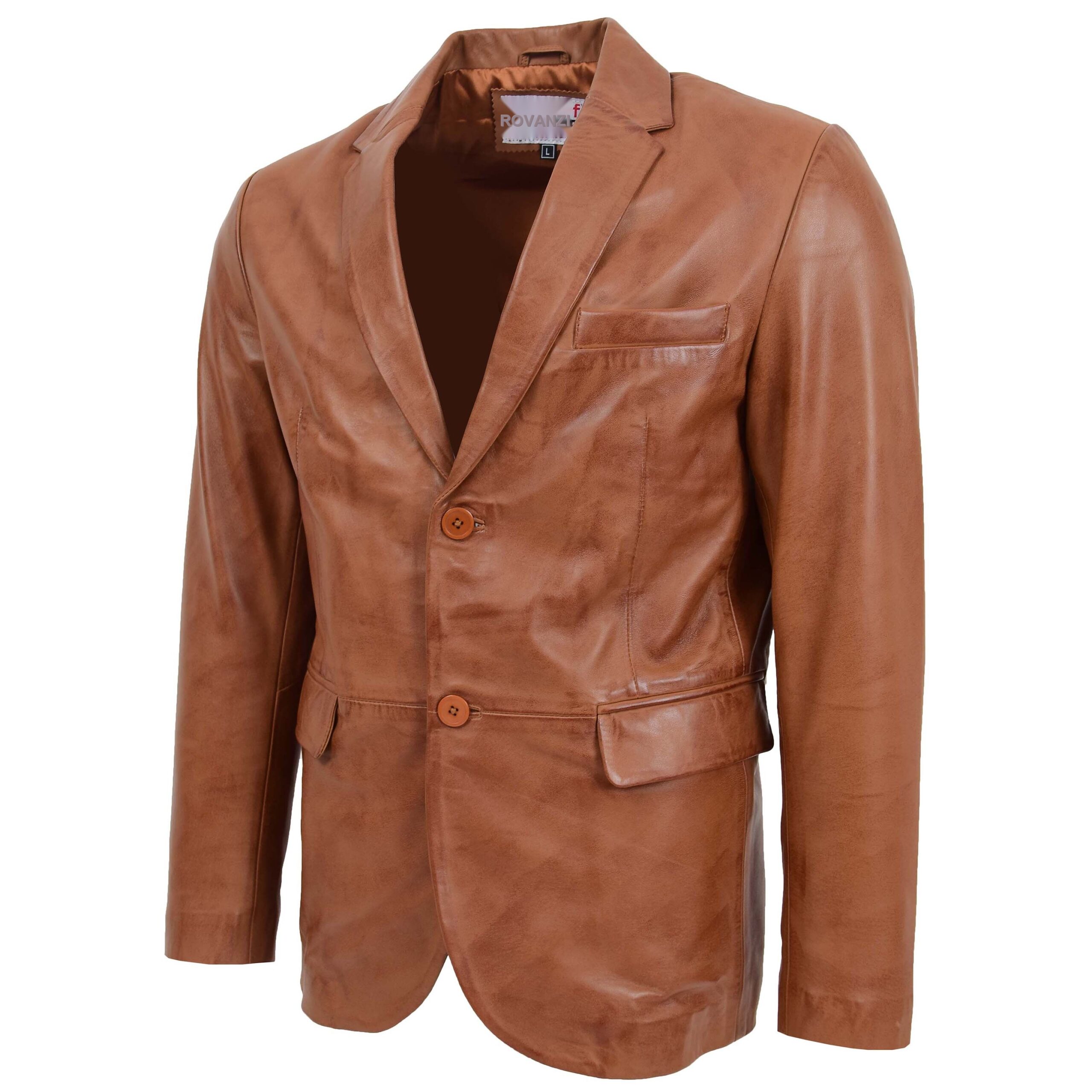 BUNERI Men's Tan Leather Blazer Two-Button – 4