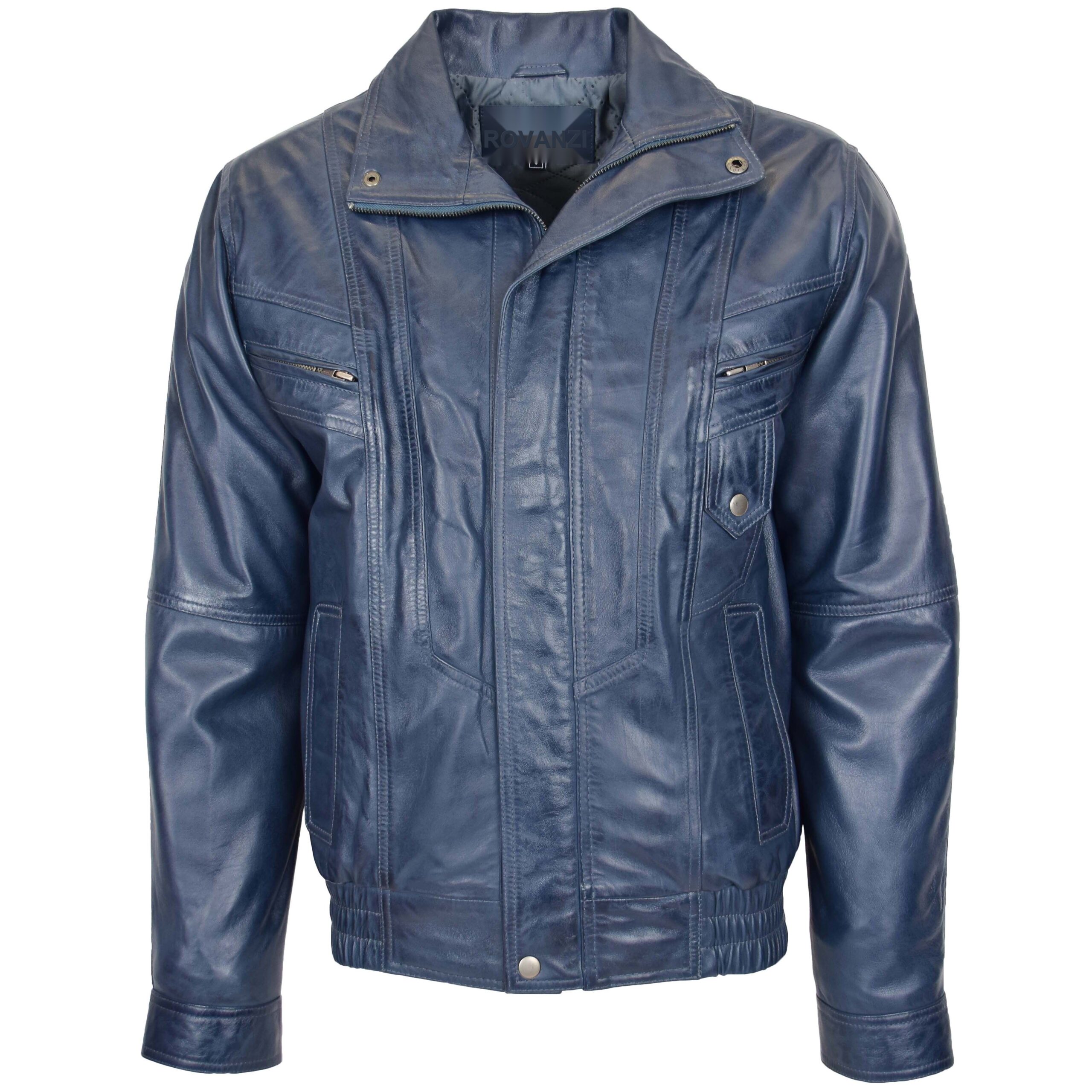 BUNERI Men's Leather Bomber Blouson Jacket Blue