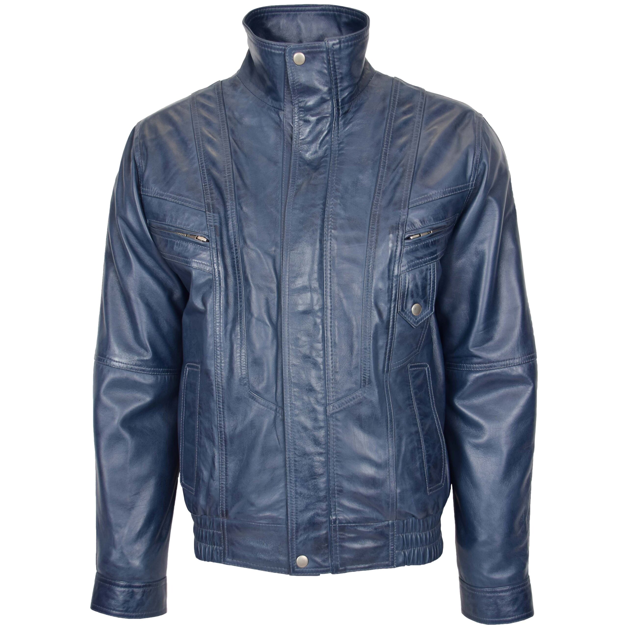 BUNERI Men's Leather Bomber Blouson Jacket Blue – 3