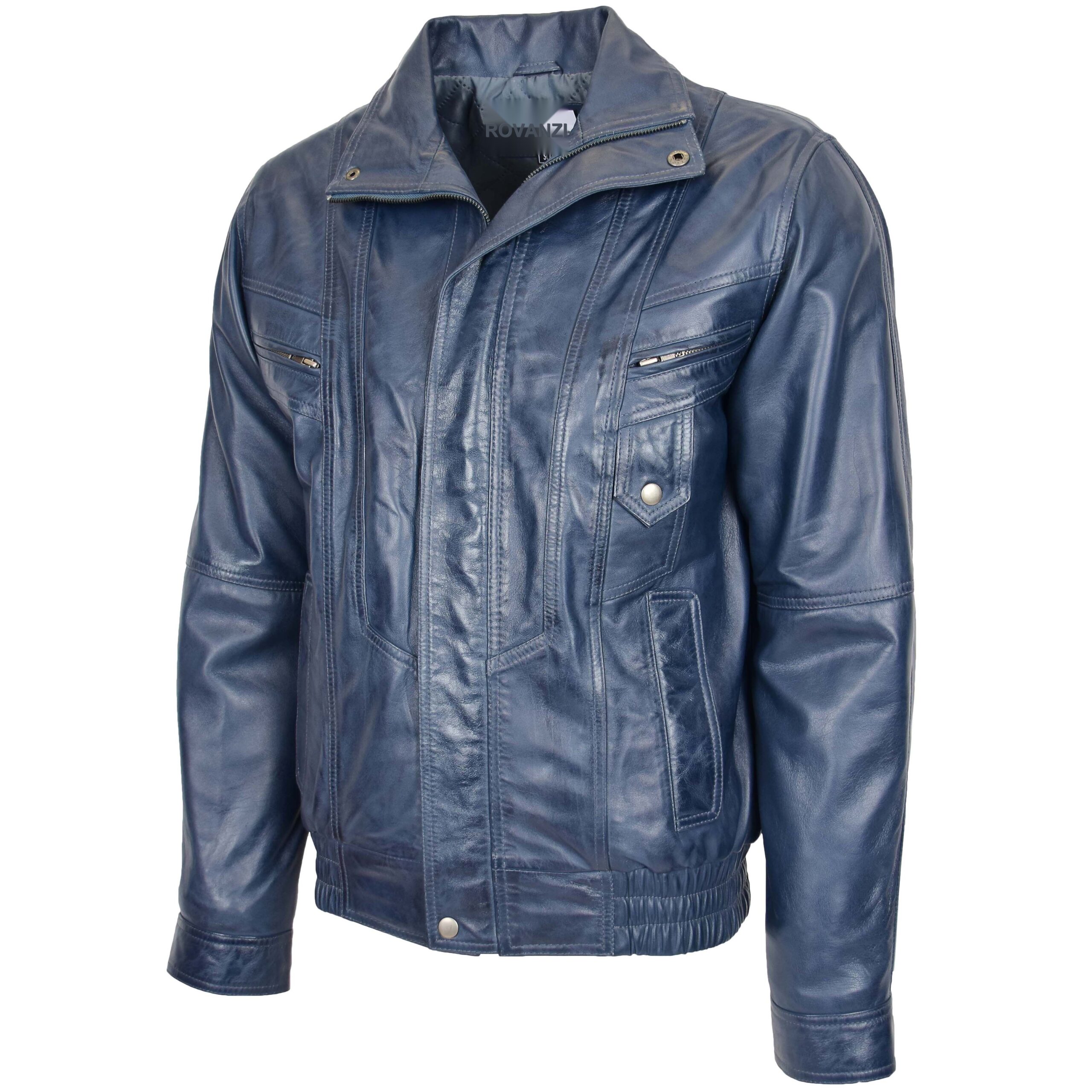 BUNERI Men's Leather Bomber Blouson Jacket Blue – 4