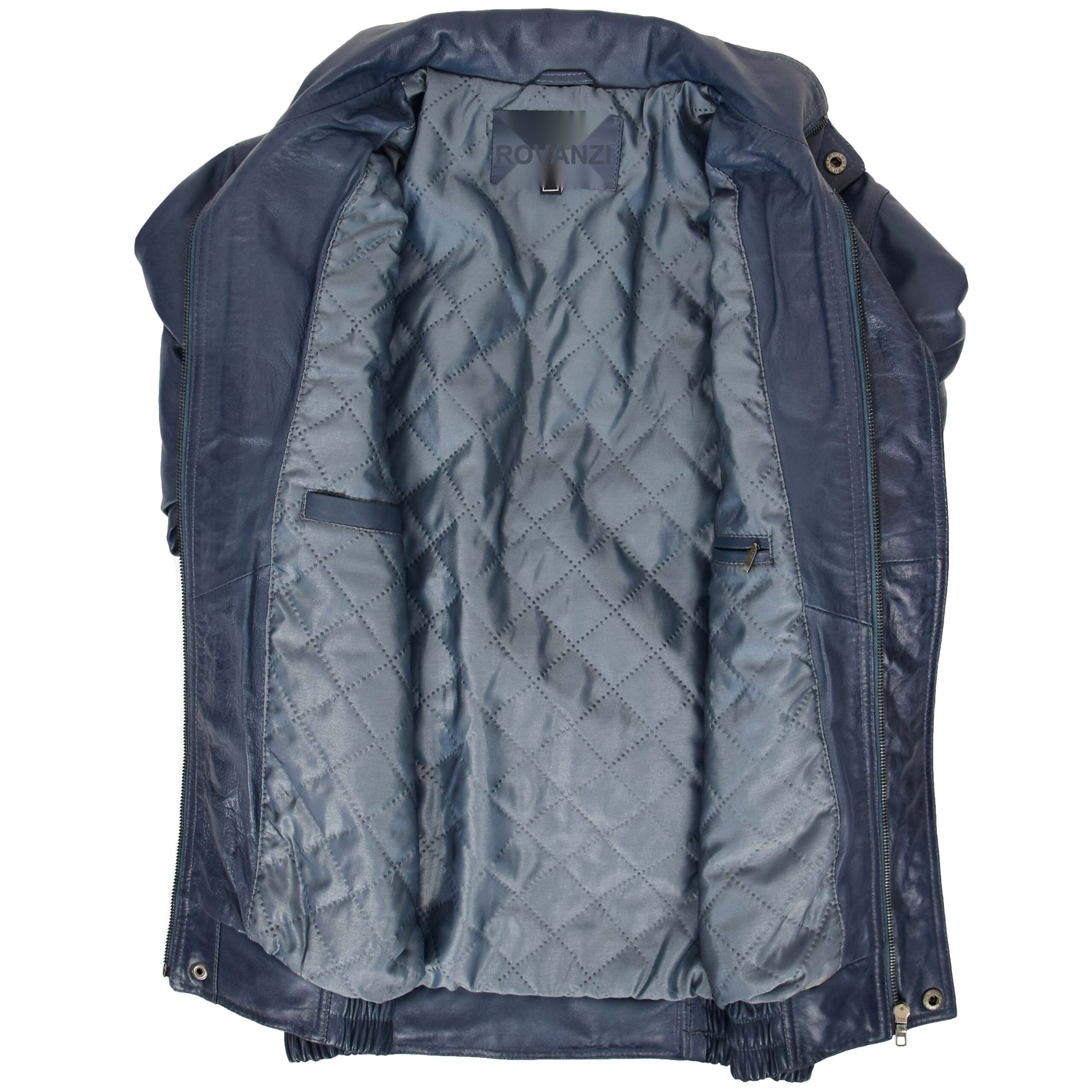 BUNERI Men's Leather Bomber Blouson Jacket Blue – 6