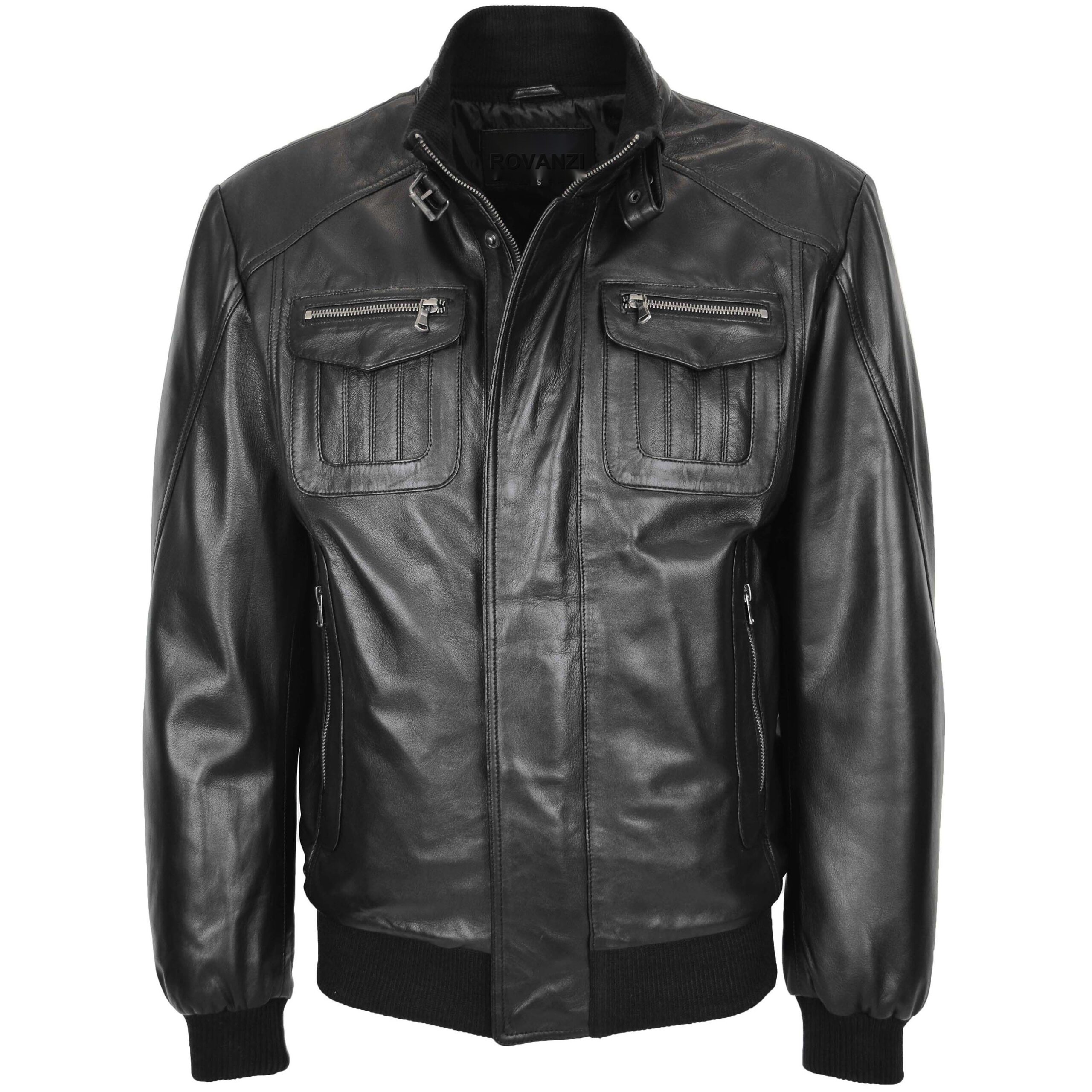 BUNERI Men's Leather Bomber Flight Jacket Black