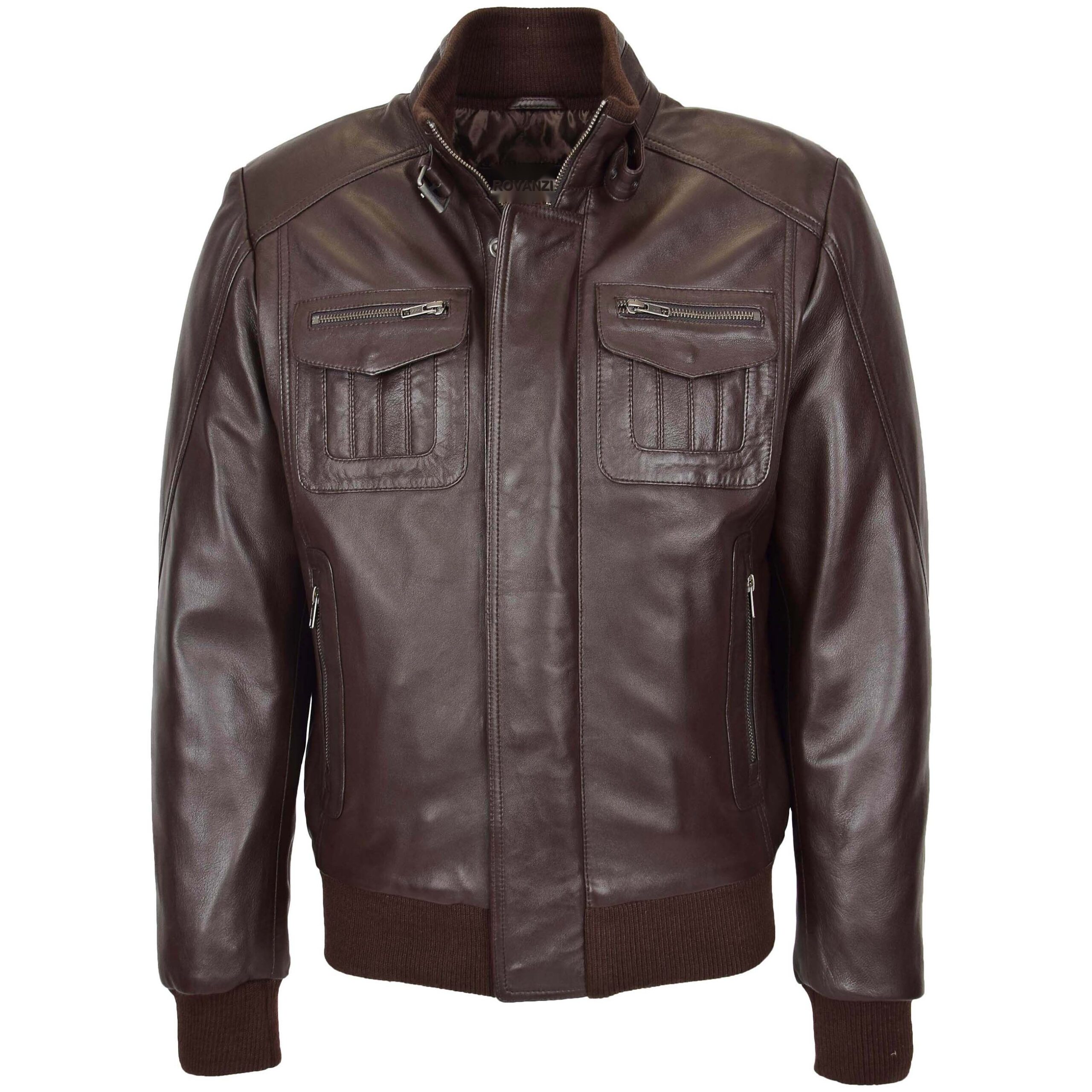 BUNERI Brown Leather Bomber Flight Jacket
