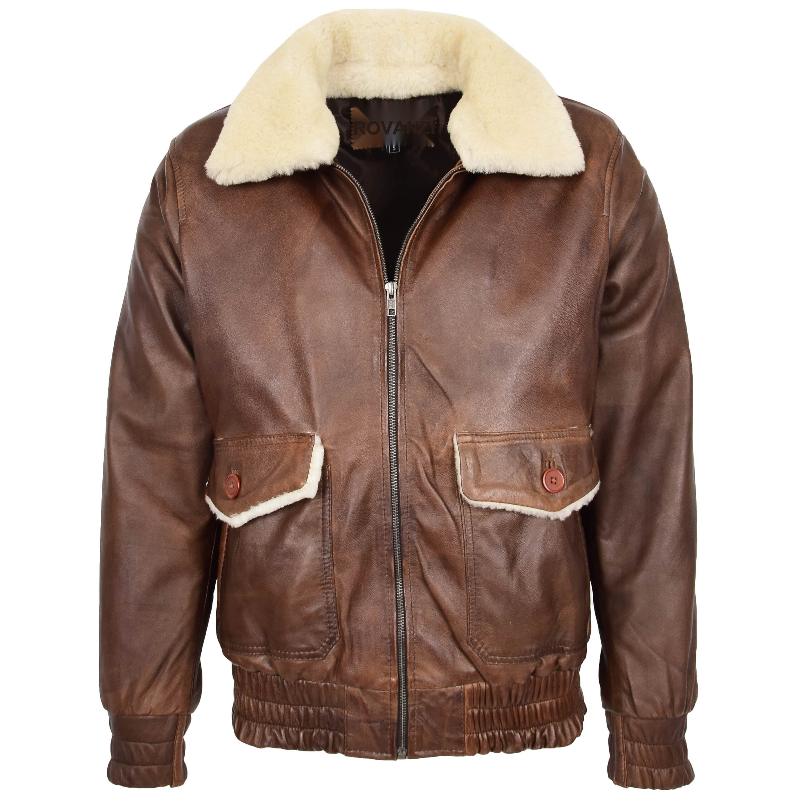 BUNERI Men's Leather Bomber Jacket G-1 Aviator Style Brown II