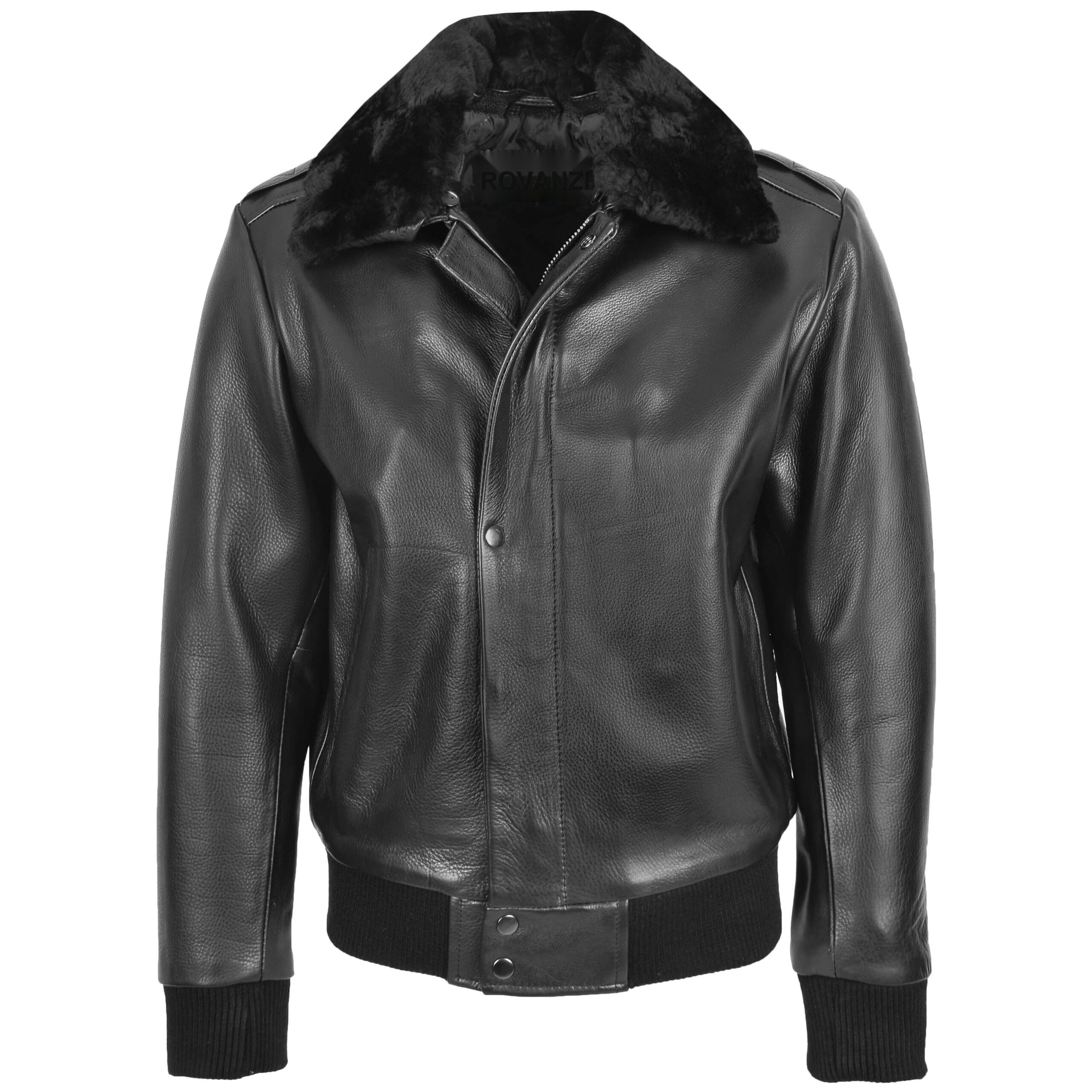 BUNERI Black Leather Bomber Pilot Jacket Removable Collar Men