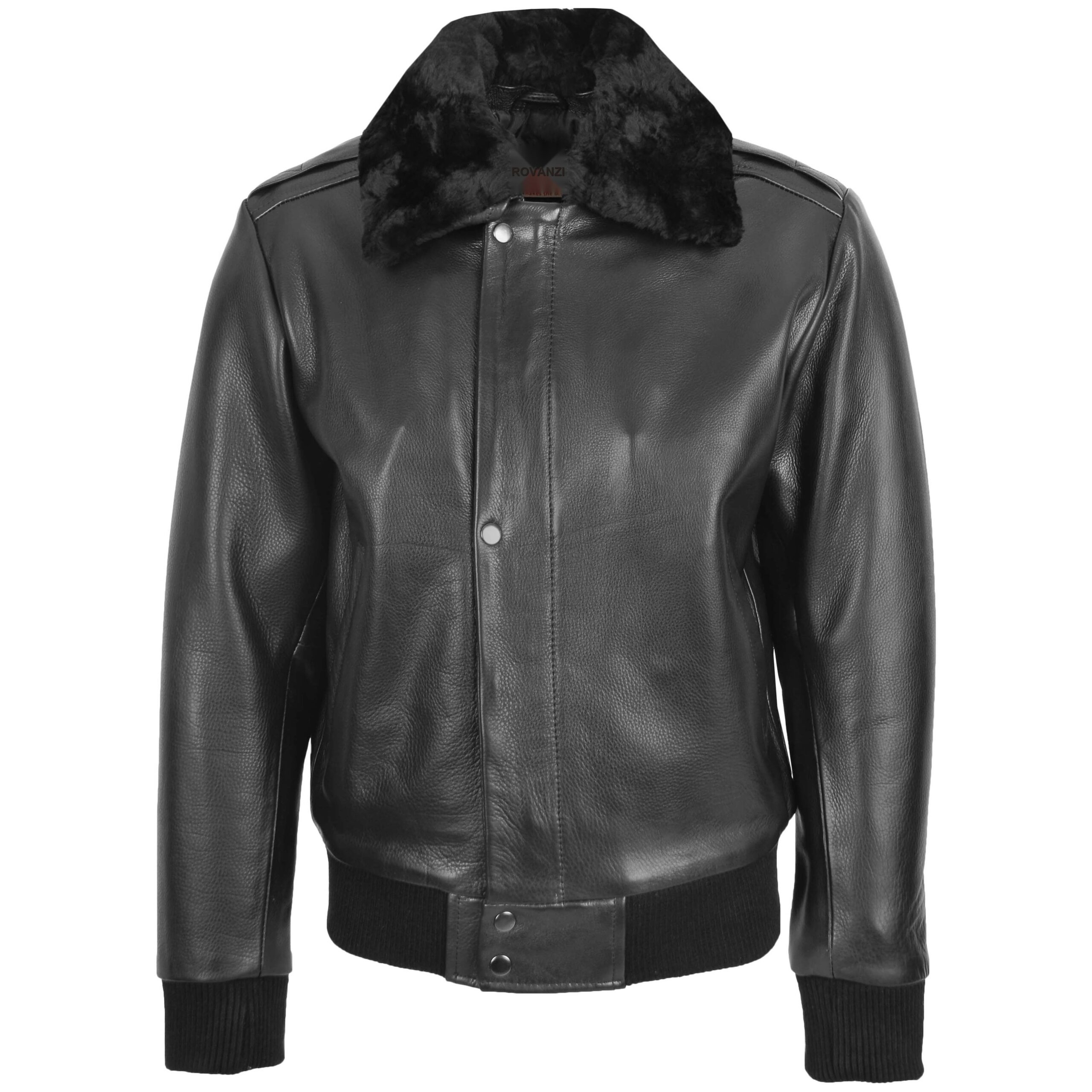 BUNERI Black Leather Bomber Pilot Jacket Removable Collar Men – 3