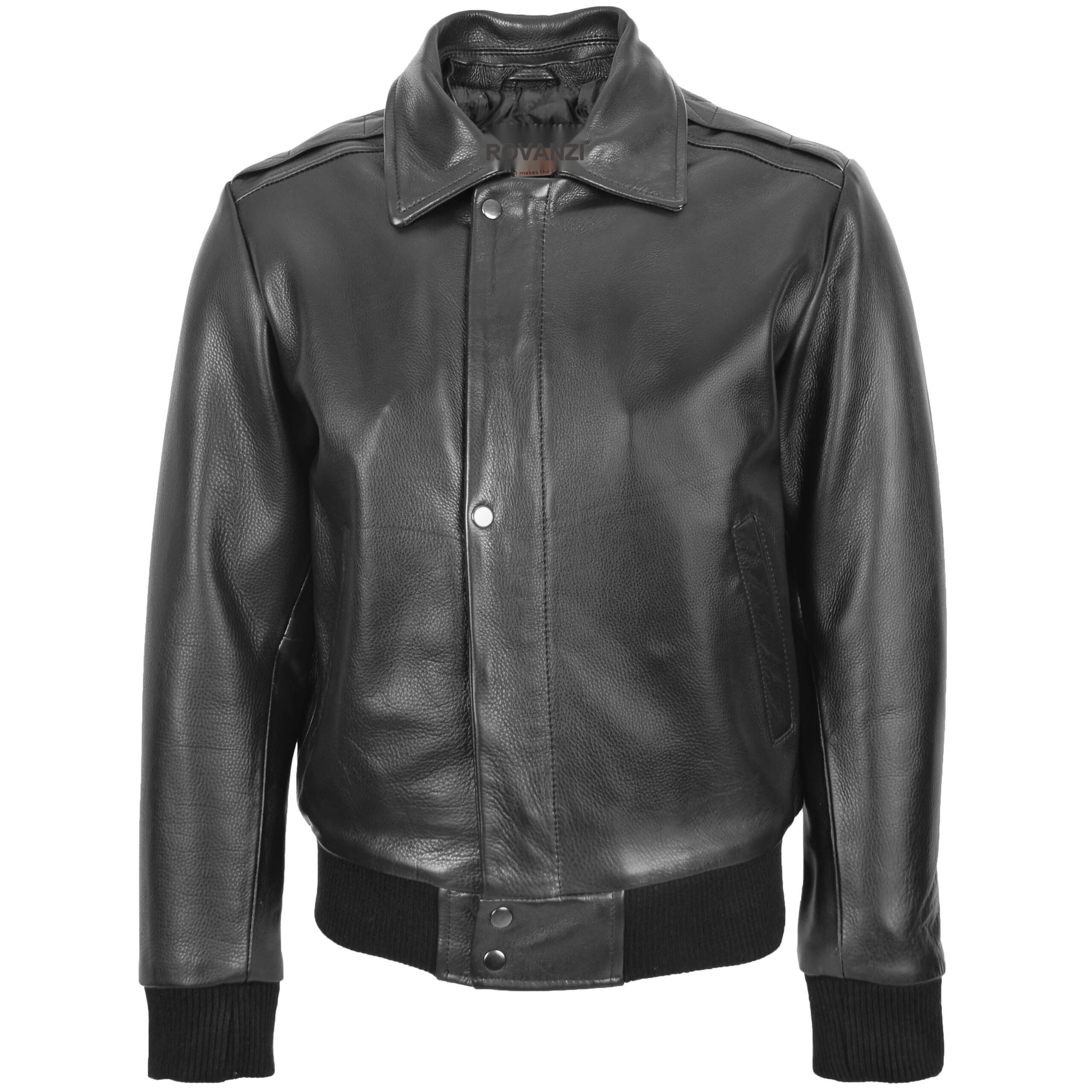 BUNERI Black Leather Bomber Pilot Jacket Removable Collar Men – 4