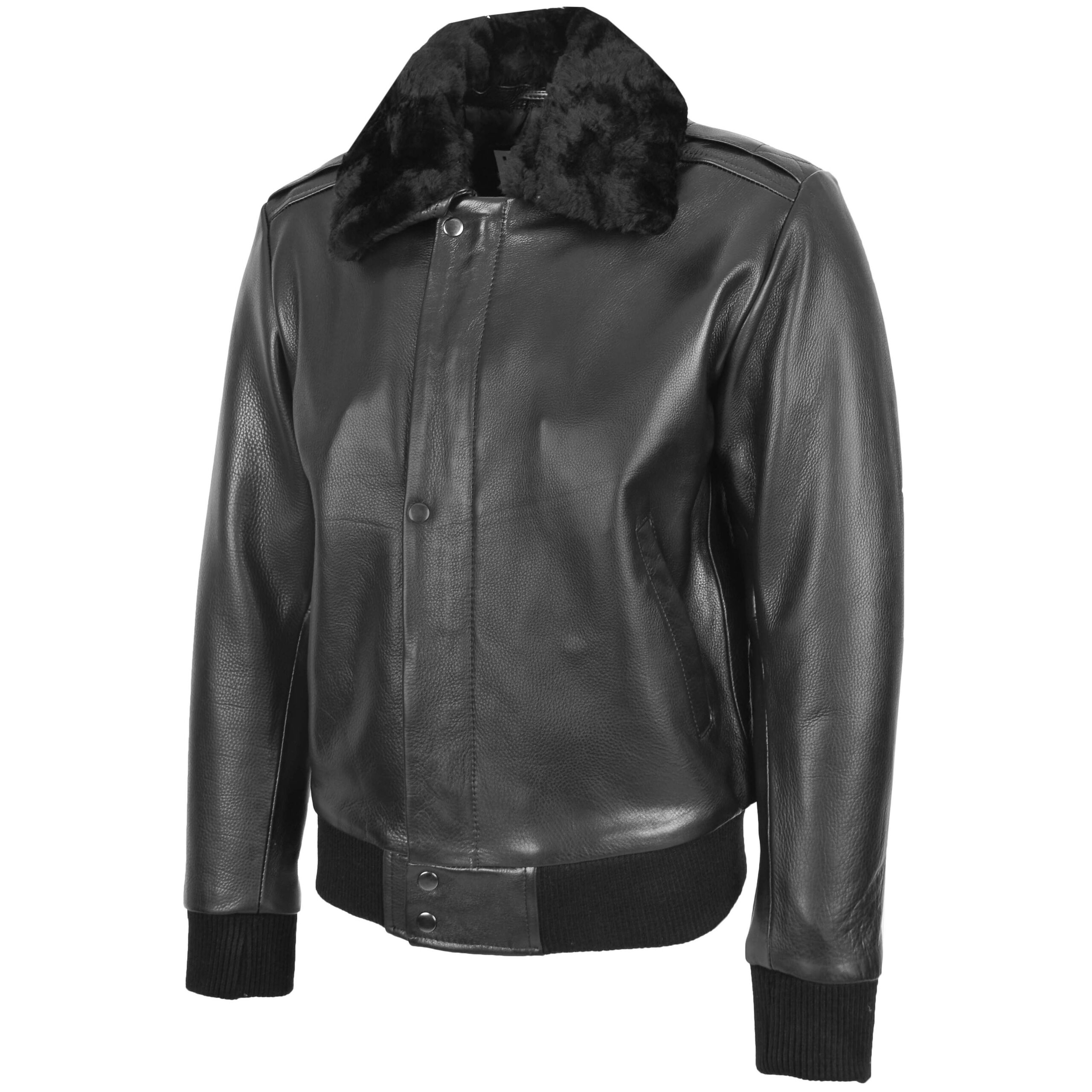 BUNERI Black Leather Bomber Pilot Jacket Removable Collar Men – 5