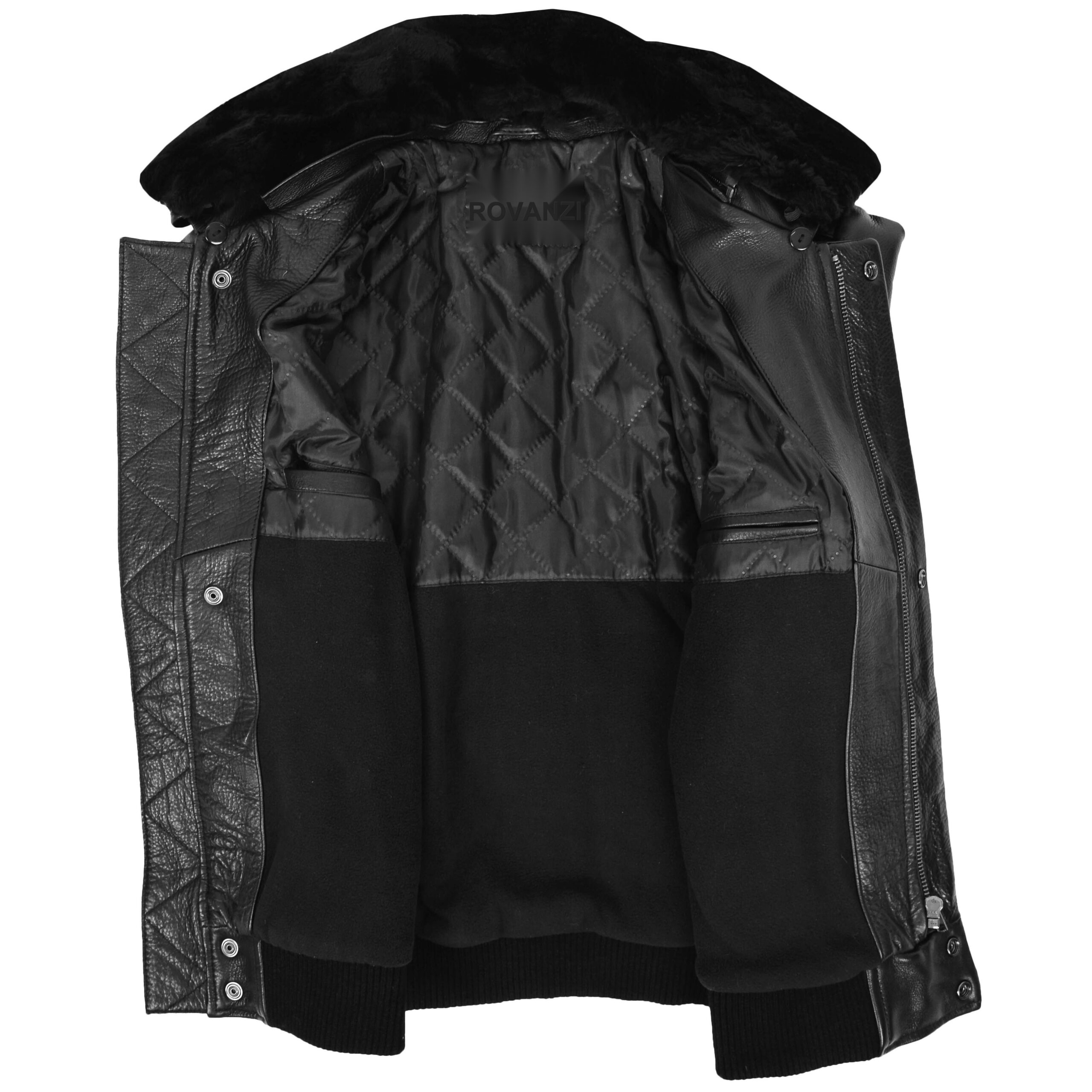 BUNERI Black Leather Bomber Pilot Jacket Removable Collar Men – 7