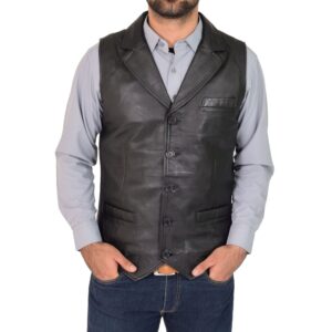 BUNERI Men’s Classic Black Leather Vest Gilet