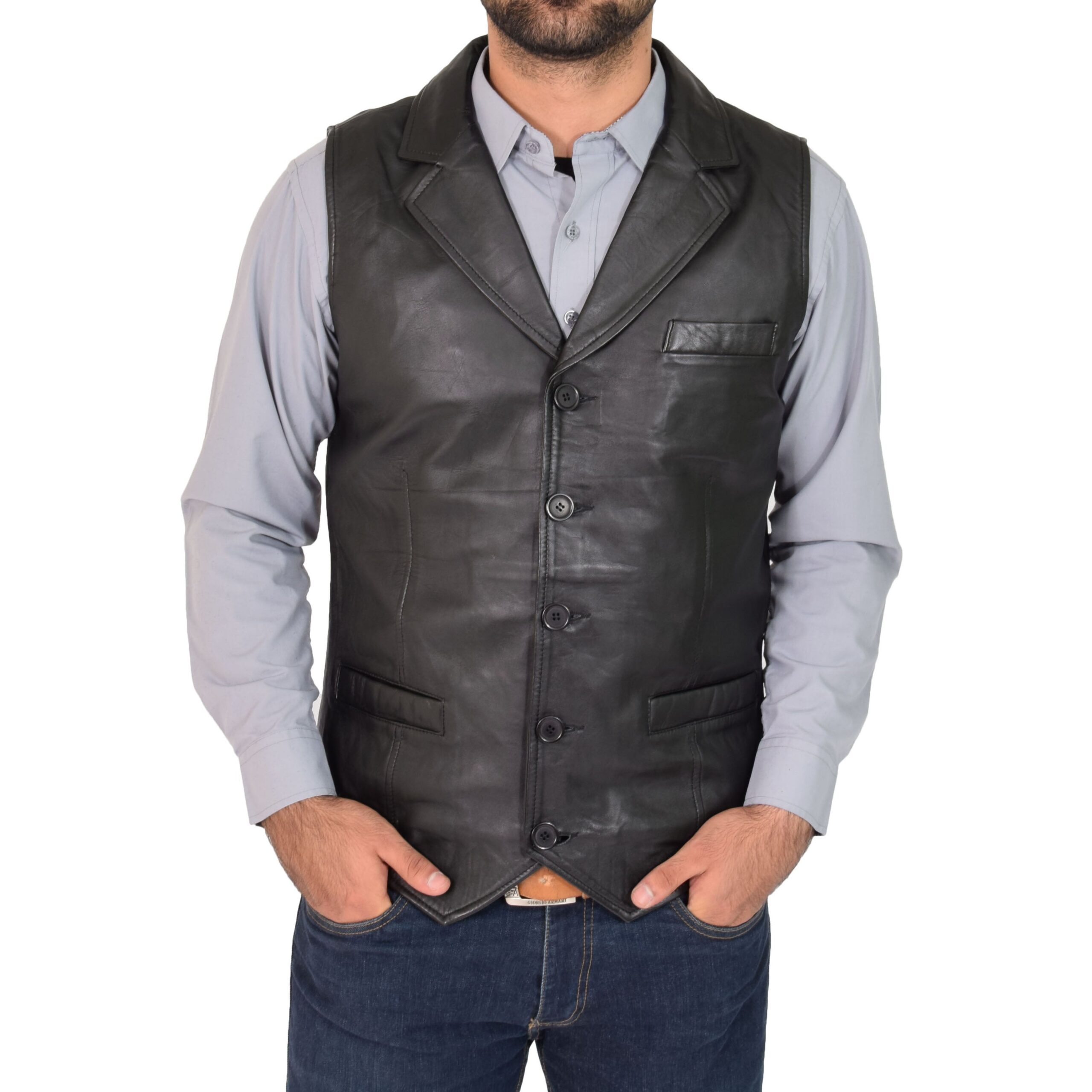 BUNERI Men's Leather Buttoned Vest Gilet Black