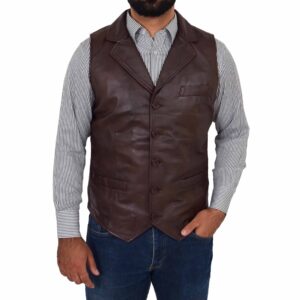 BUNERI Brown Leather Buttoned Vest Gilet