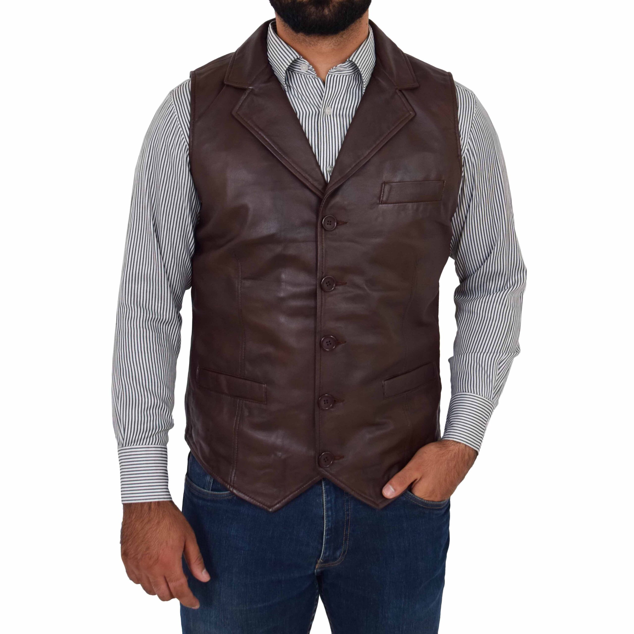 BUNERI Brown Leather Buttoned Vest Gilet