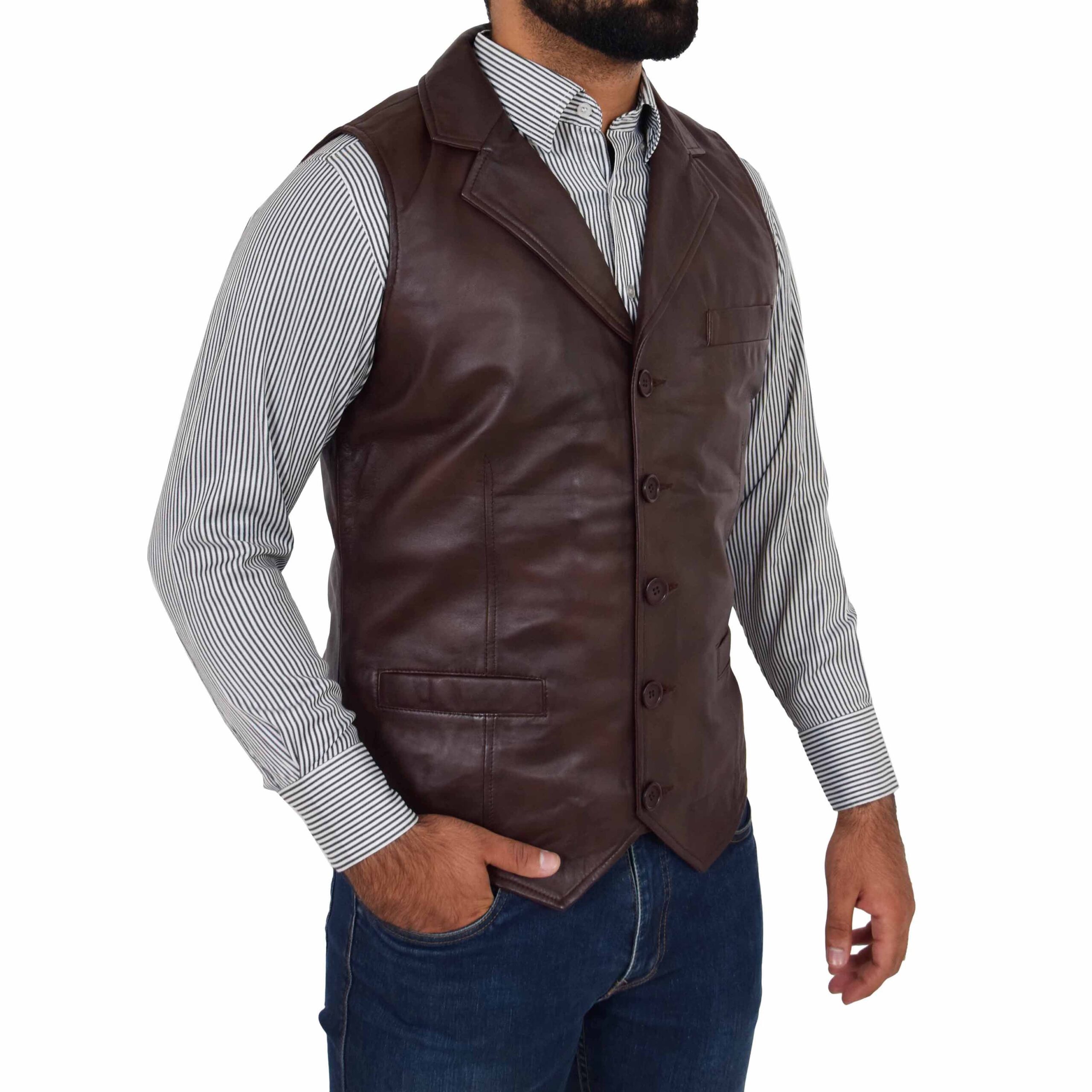 BUNERI Brown Leather Buttoned Vest Gilet – 3