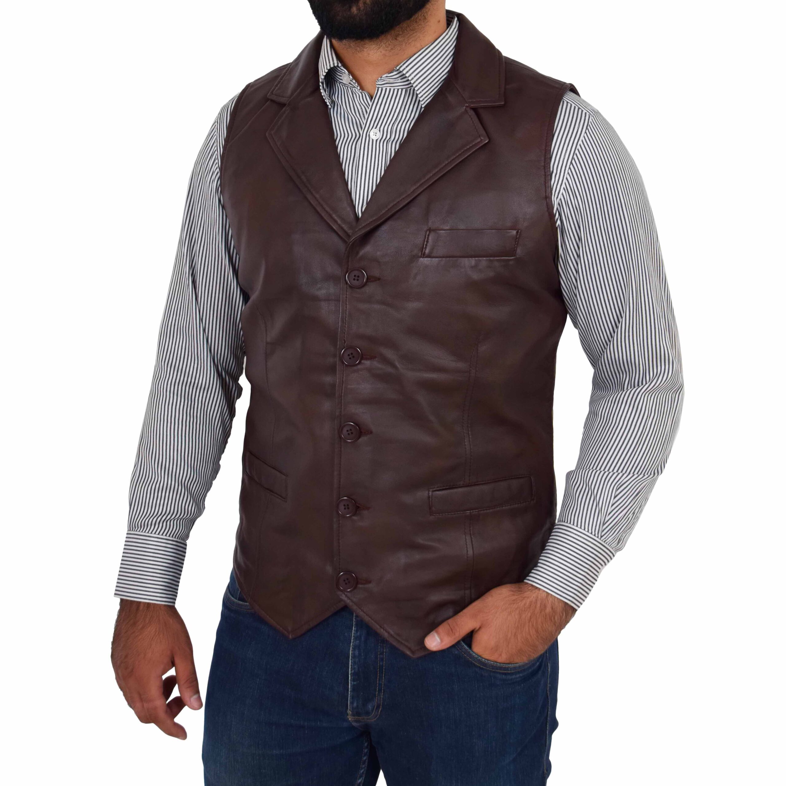 BUNERI Brown Leather Buttoned Vest Gilet – 4