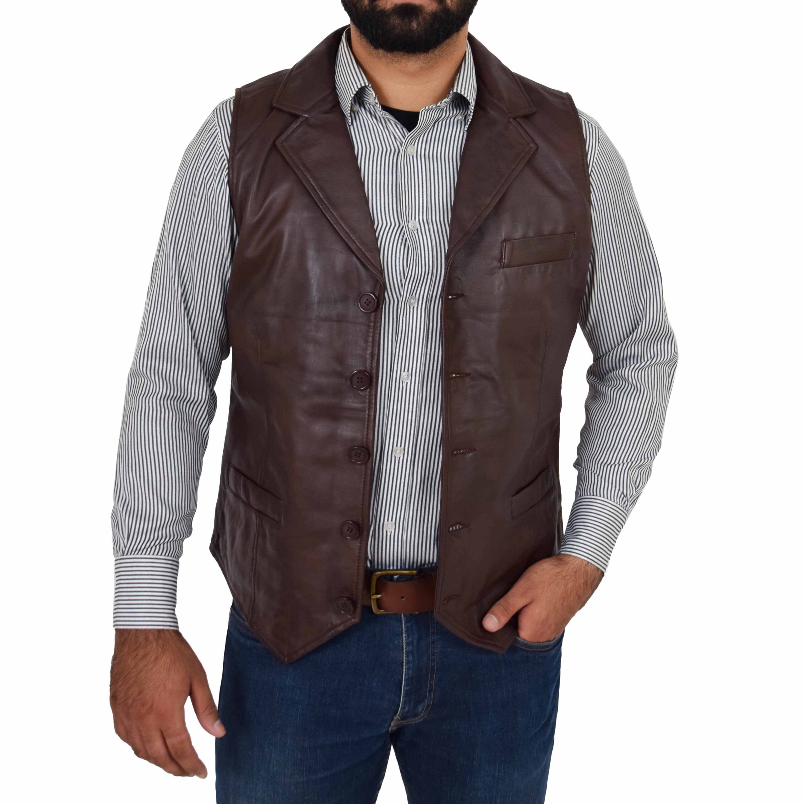 BUNERI Brown Leather Buttoned Vest Gilet – 5