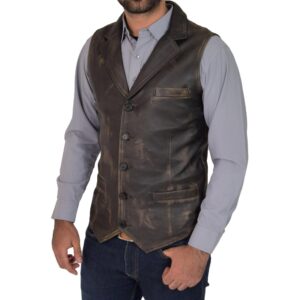 BUNERI Men’s Leather Buttoned Vest Gilet Rub Off