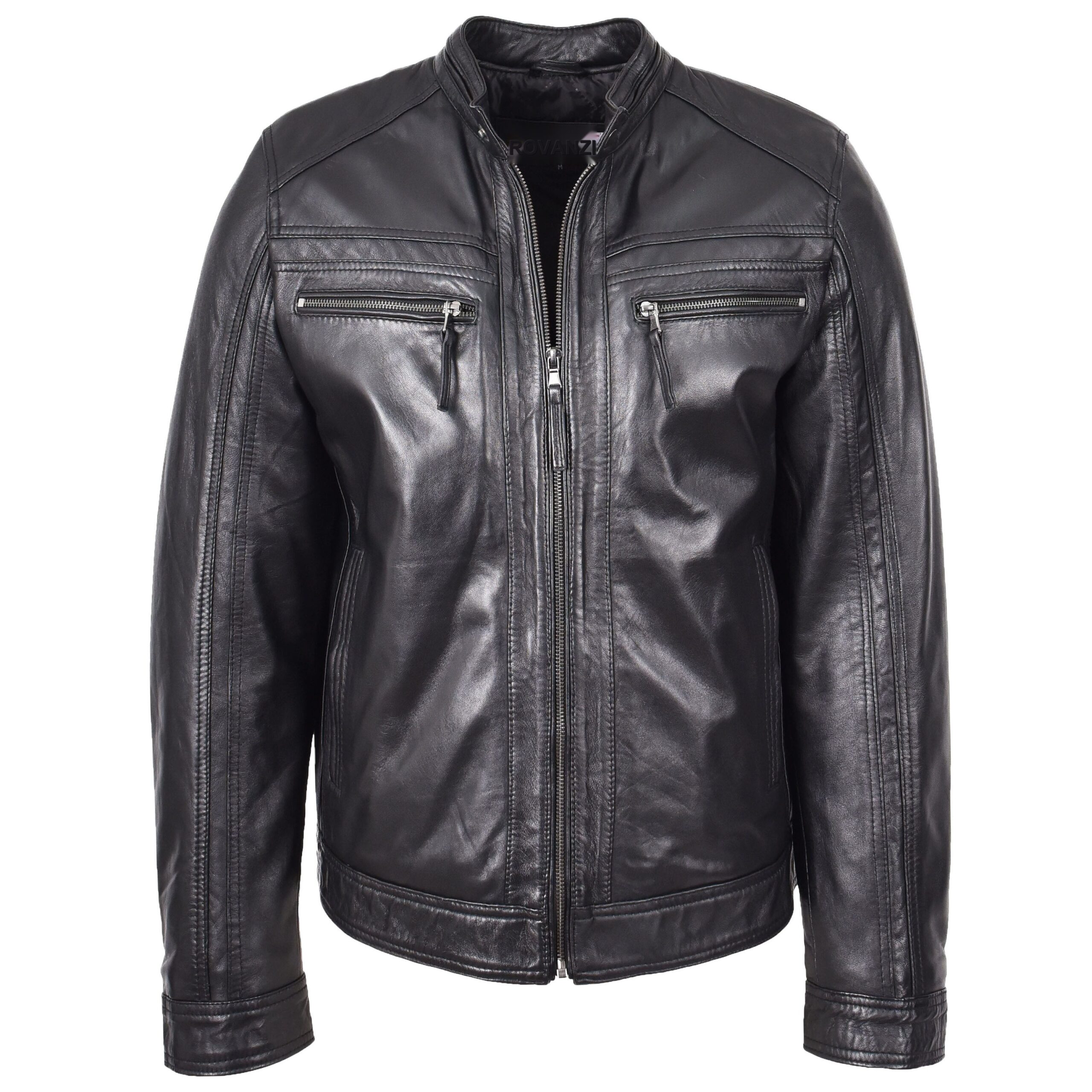 BUNERI Men's Leather Cafe Racer Biker Jacket Black III