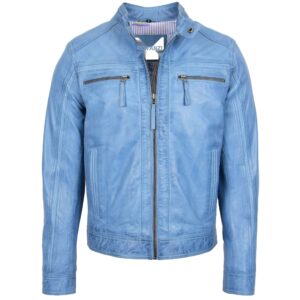 BUNERI Men’s Sky Blue Leather Café Racer Jacket