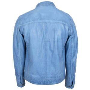 BUNERI Men’s Sky Blue Leather Café Racer Jacket