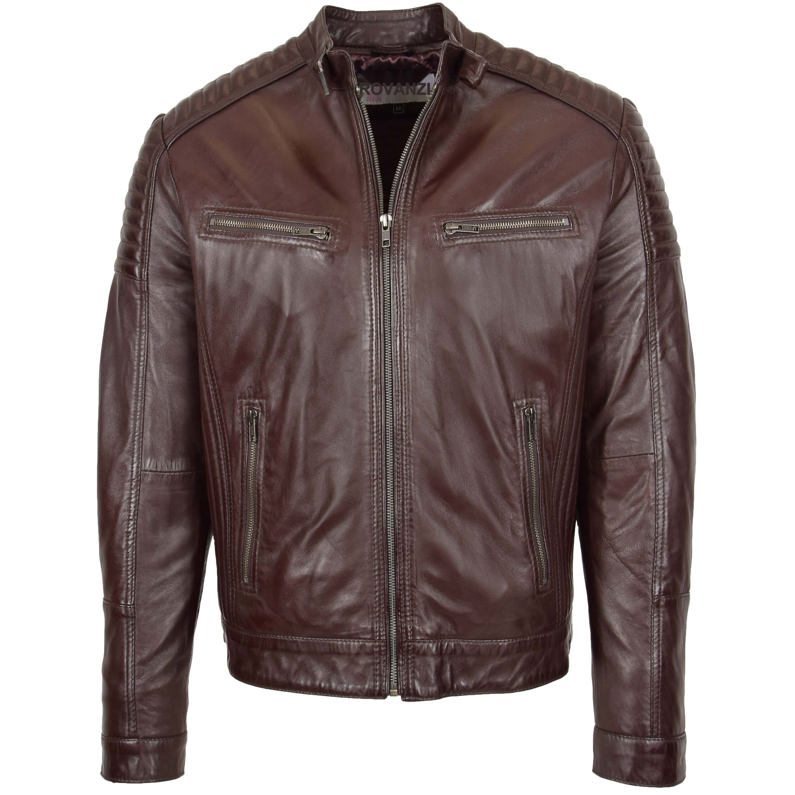 BUNERI Brown Leather Cafe Racer Biker Jacket