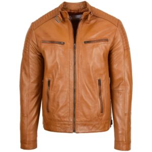 BUNERI Men’s Tan Leather Cafe Racer Biker Jacket