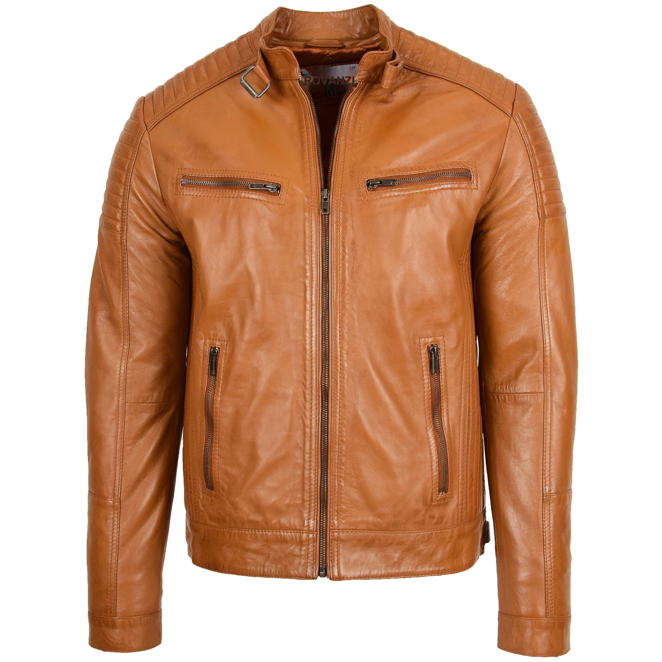 BUNERI Tan Leather Cafe Racer Biker Jacket