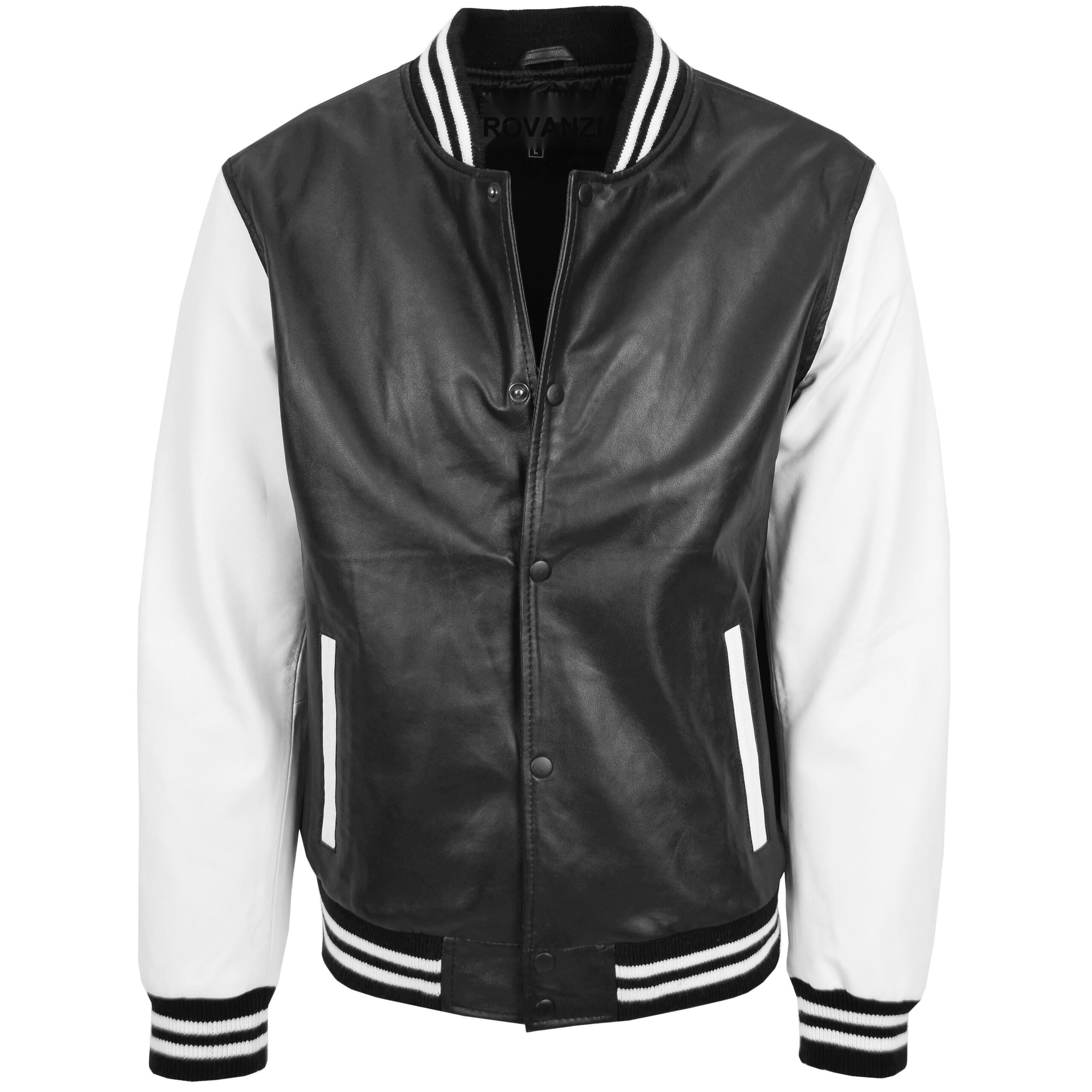 BUNERI Men's Leather College Boy Varsity Jacket Black White