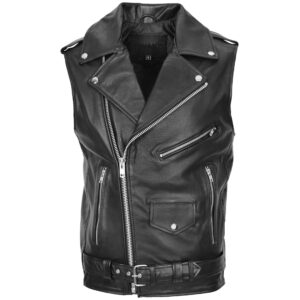 BUNERI Men’s Leather Cross-Zip Biker Brando Gilet Black
