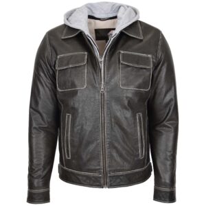BUNERI Men’s Gray Leather Biker Jacket with Detachable Hoodie