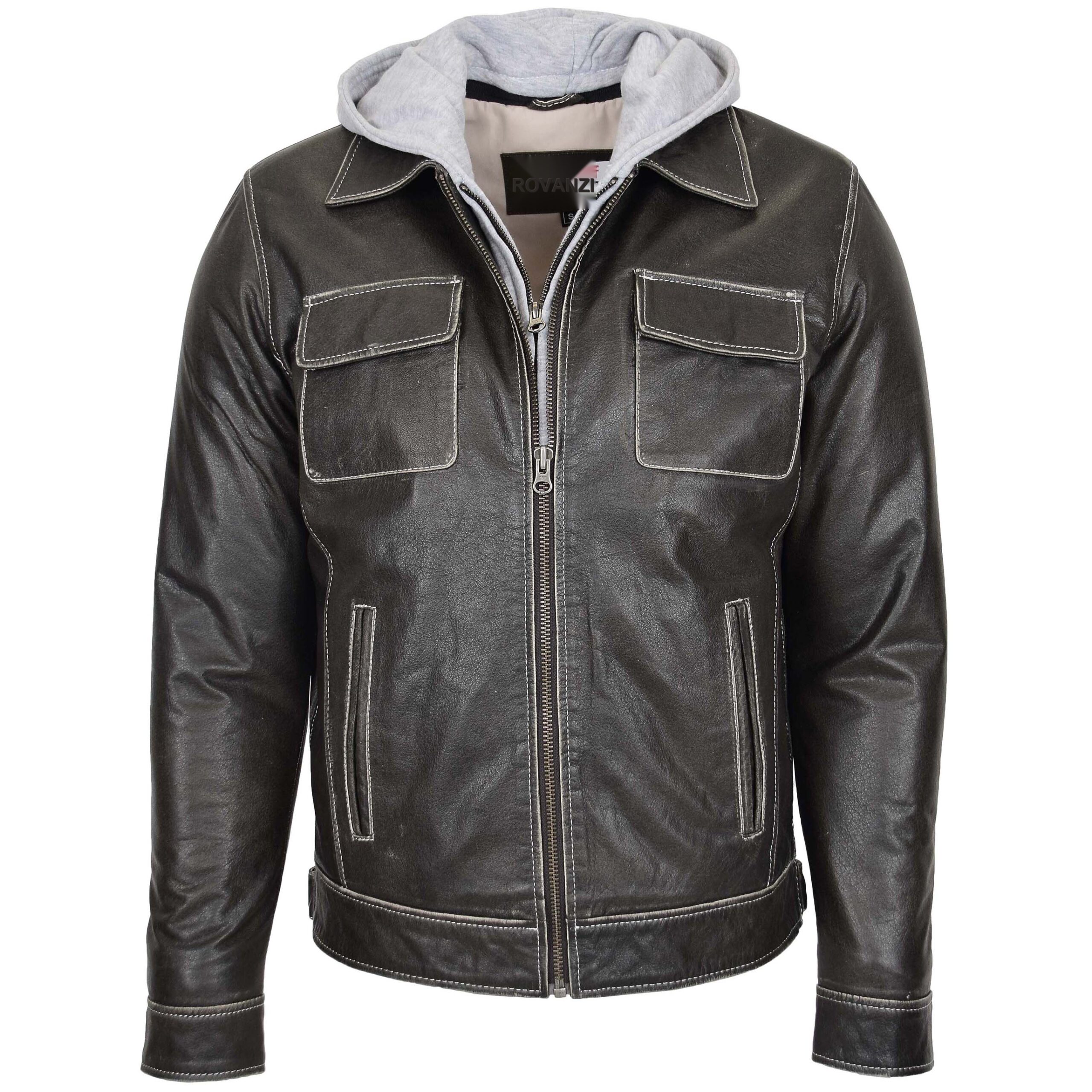 BUNERI Gray Leather Jacket Detachable Hoodie Men