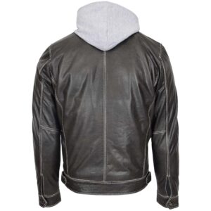 BUNERI Men’s Gray Leather Biker Jacket with Detachable Hoodie