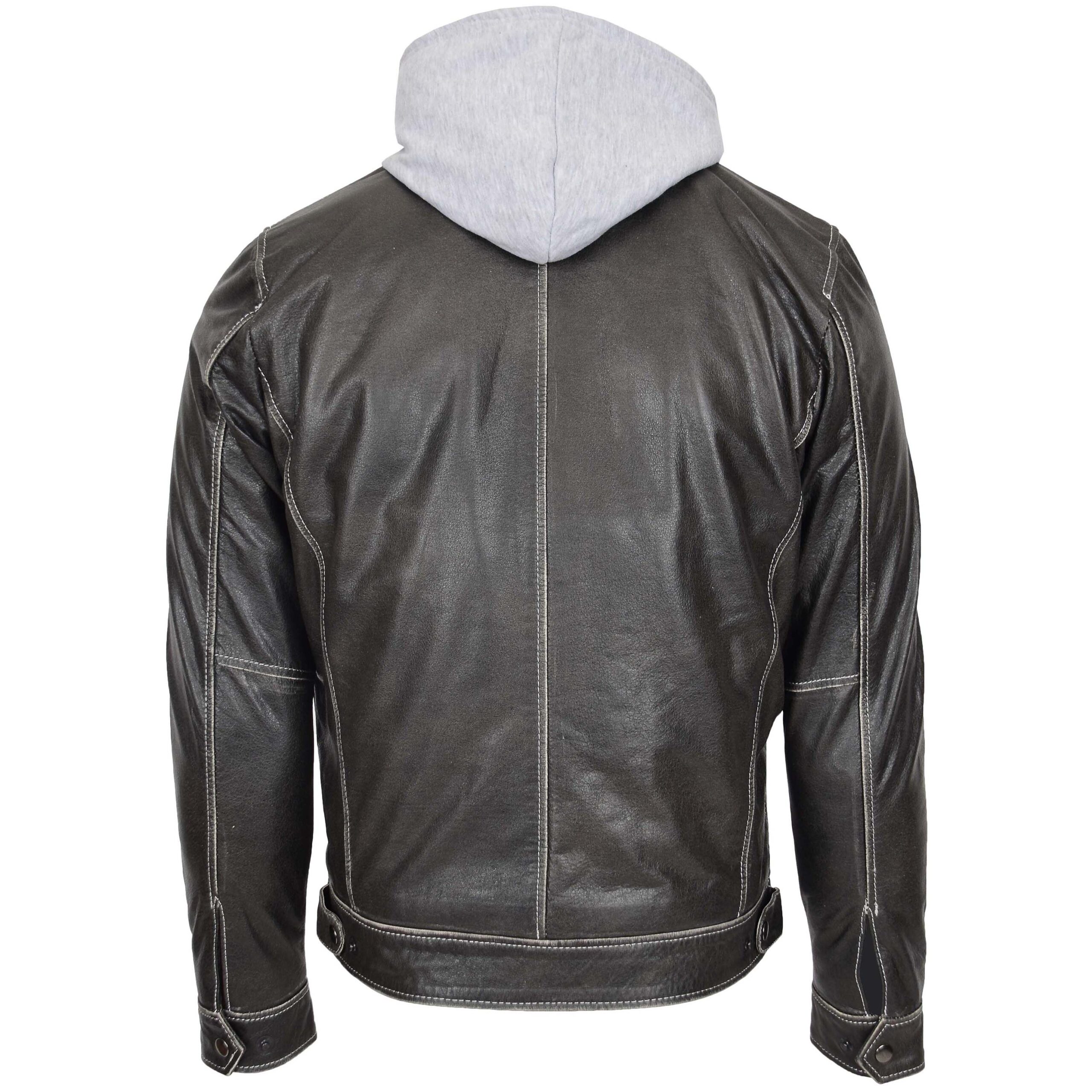 BUNERI Gray Leather Jacket Detachable Hoodie Men – 2