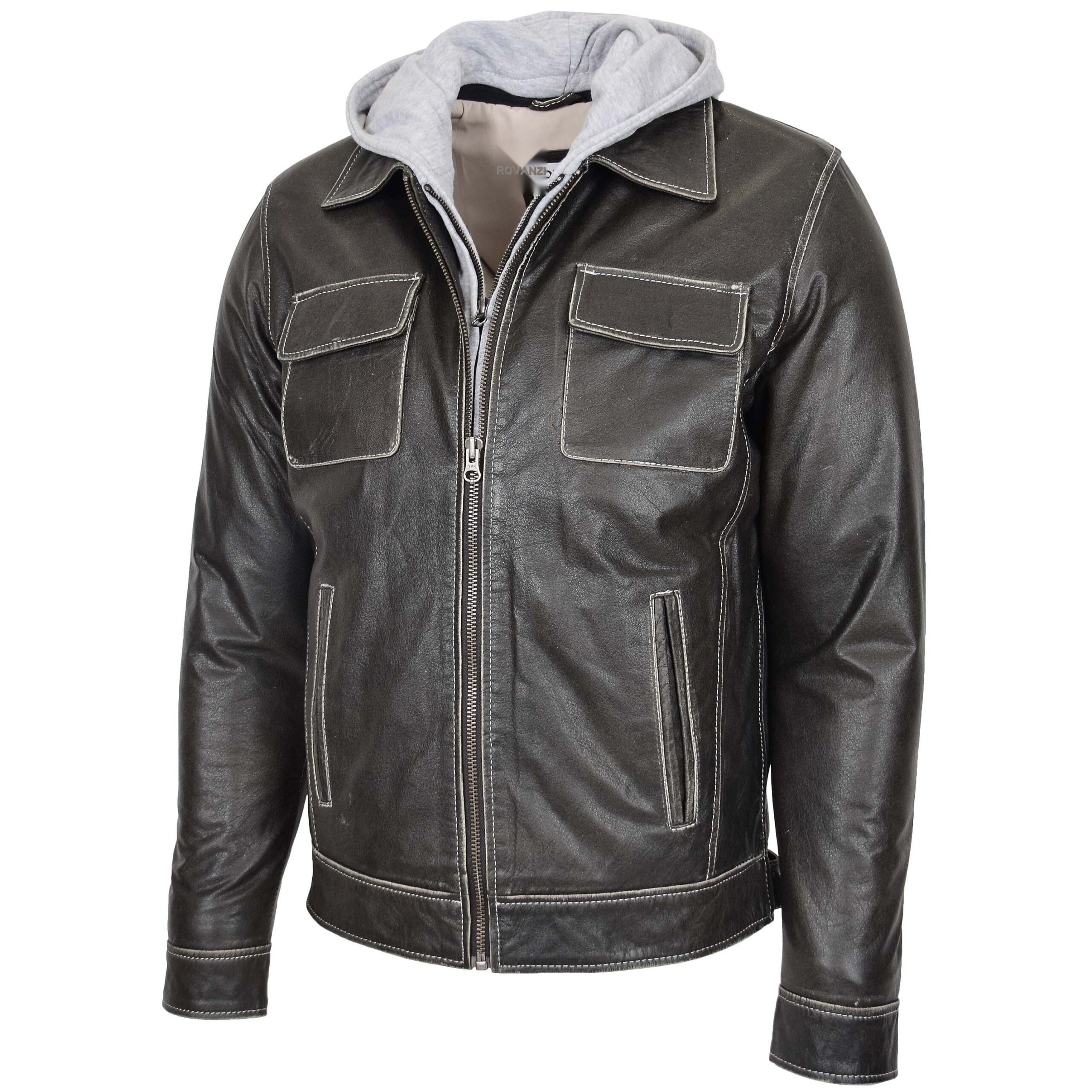 BUNERI Gray Leather Jacket Detachable Hoodie Men – 4