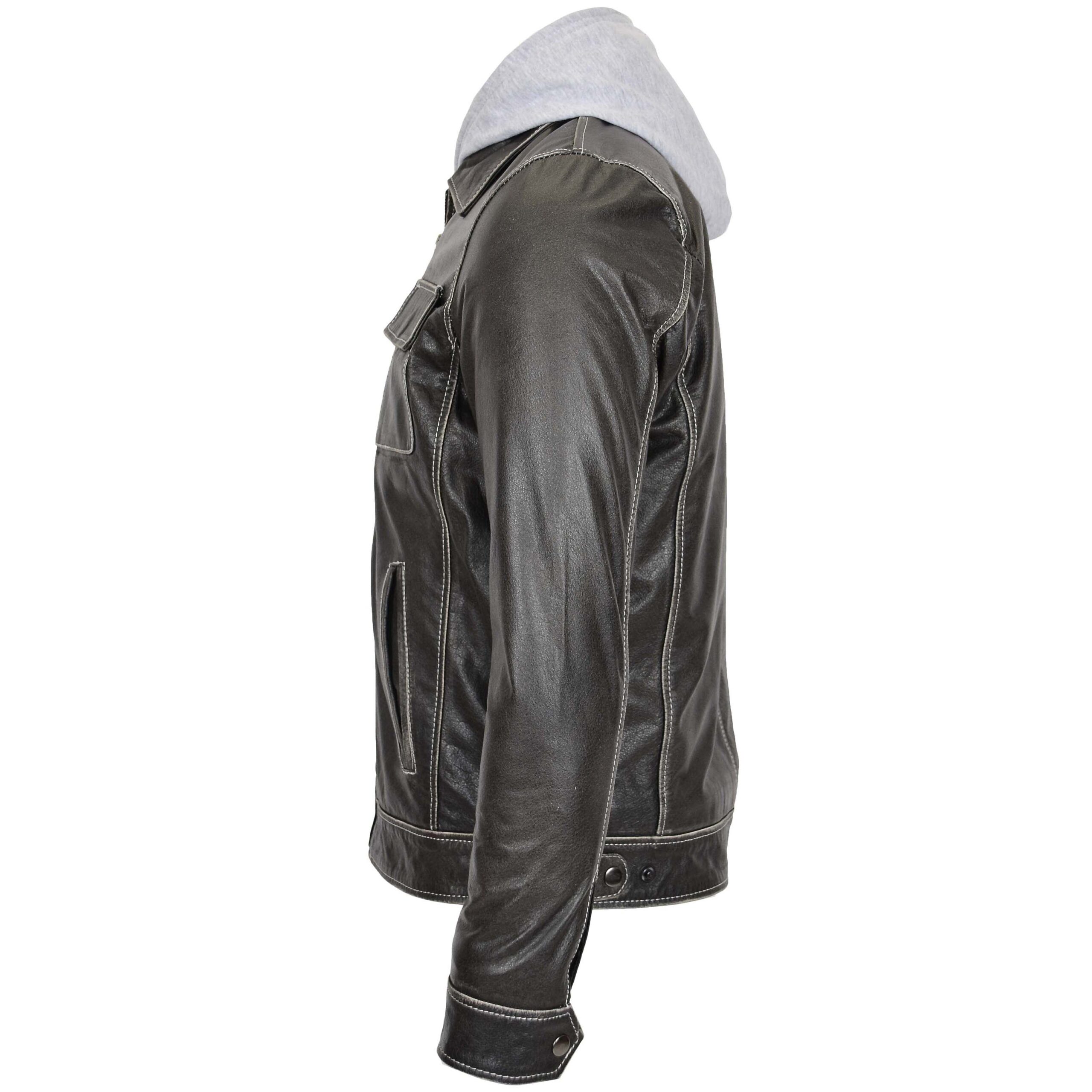 BUNERI Gray Leather Jacket Detachable Hoodie Men – 5